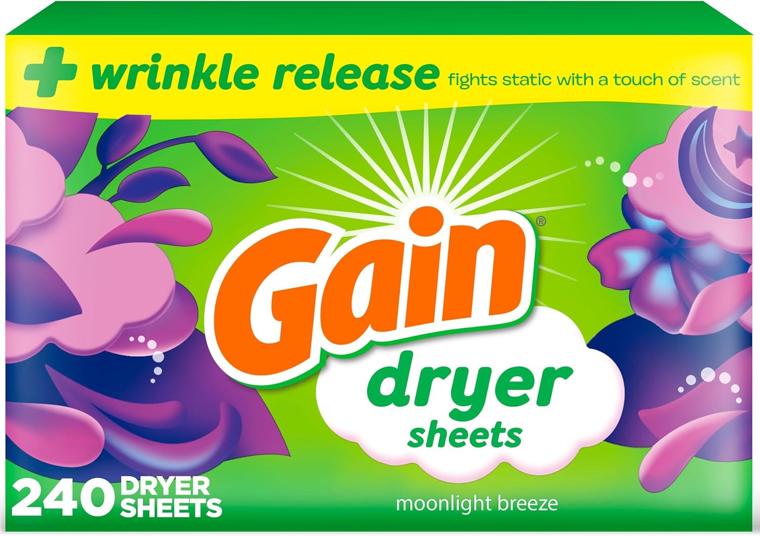 Gain dryer sheets Plus Wrinkle Release, Moonlight Breeze Scent, 240 Count, Fights static with a touch of scent, laundry sheets