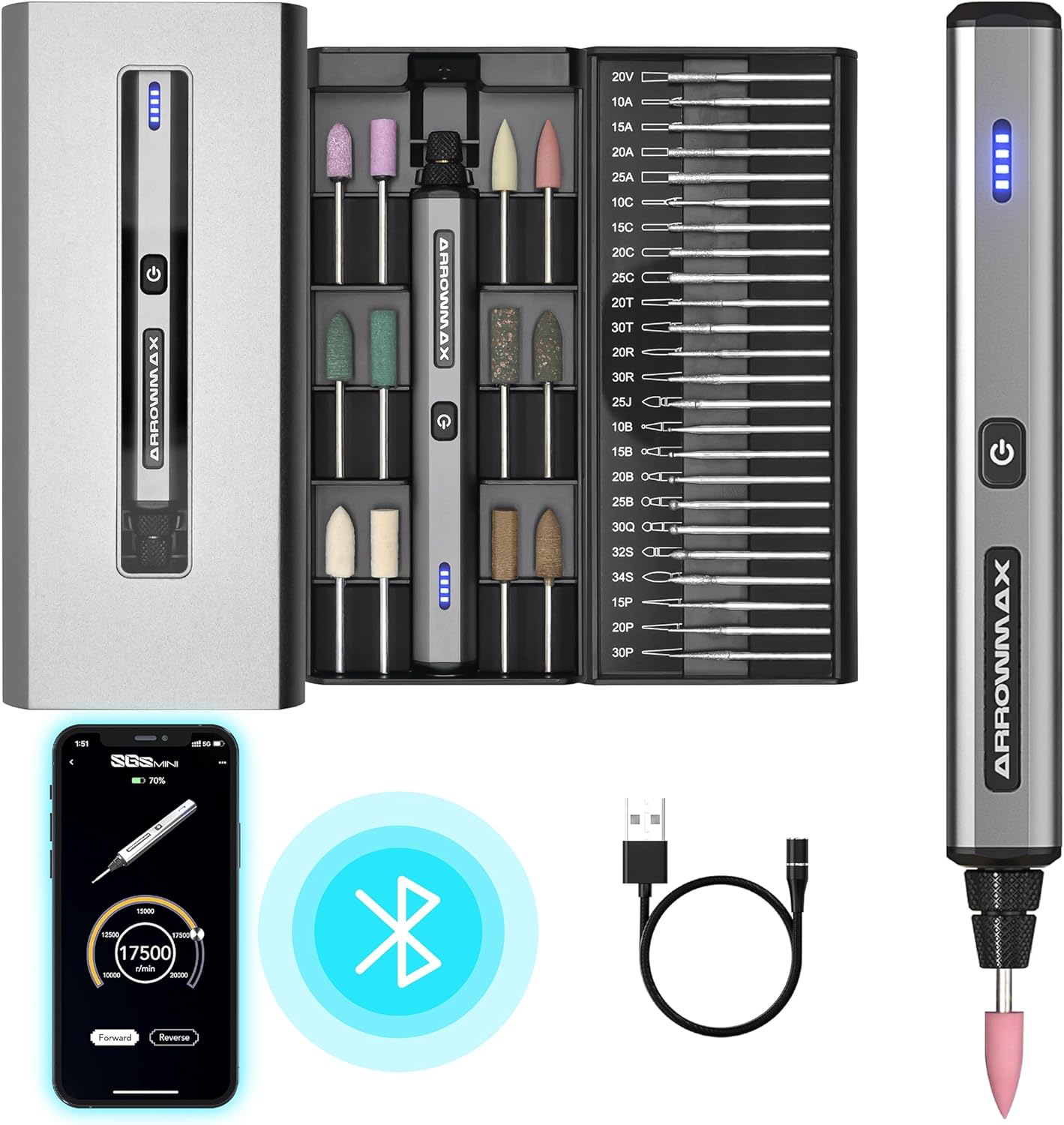 ARROWMAX Mini Engraving Pen with 36 Bits, Aluminum Case, Bluetooth, APP, Wireless Magnetic Charge, Mini Electric Engraver Etching Machine for Jewelry, Wood, Glass, Carving