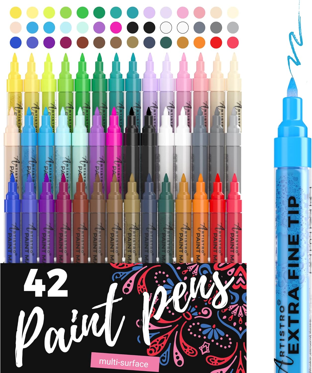 ARTISTRO 42 Acrylic Paint Pens, Art Set Acrylic Paint Markers, Fabric Markers for Textile, Canvas, Rock, Glass, Wood, Paper, DIY, Paint Markers for Kids and Adults, Extra Fine