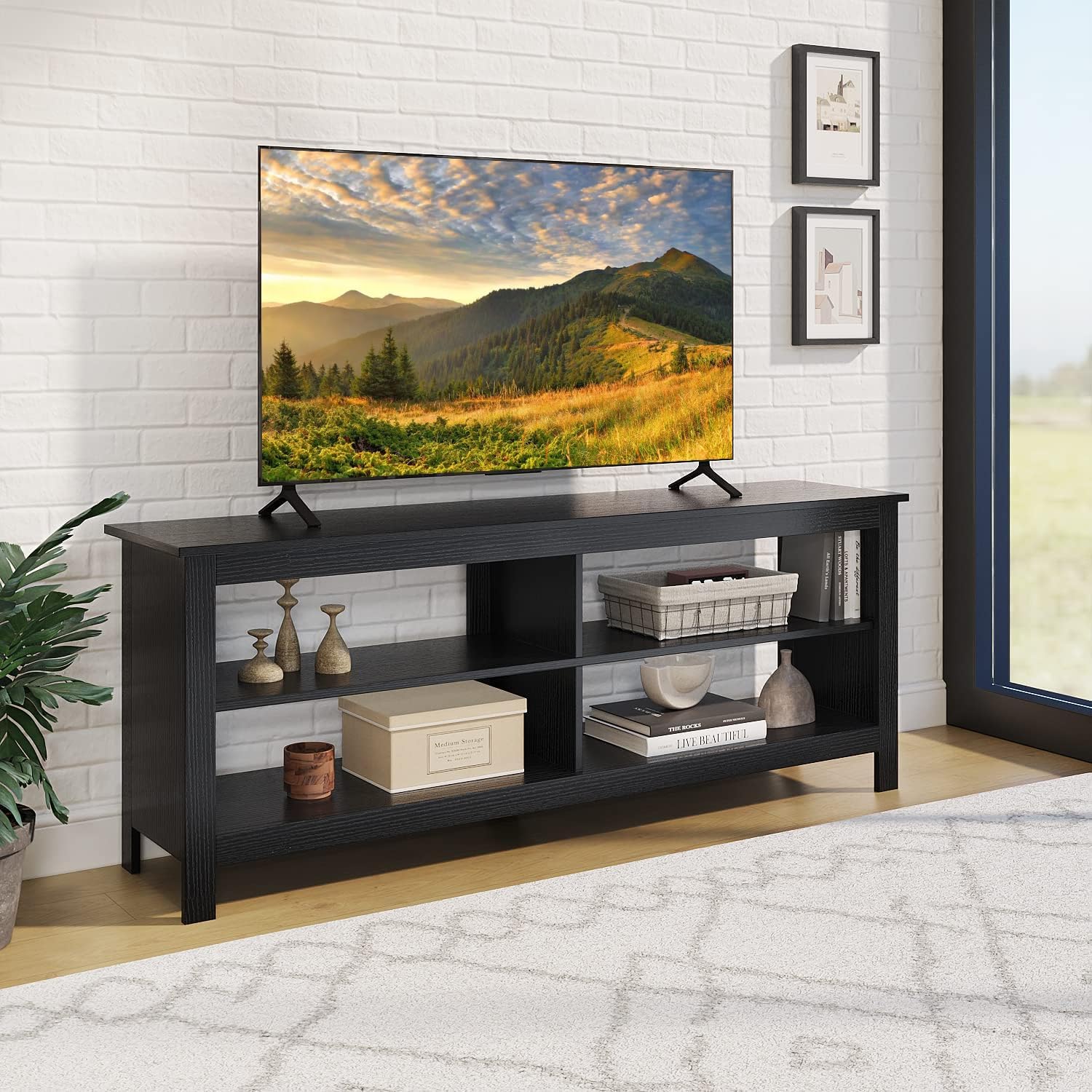 Panana Modern TV Unit Stand Cabinet with 4 Open Shelves Entertainment Center for TVs up to 65inch Media TV Console Table for Living Room (Black)