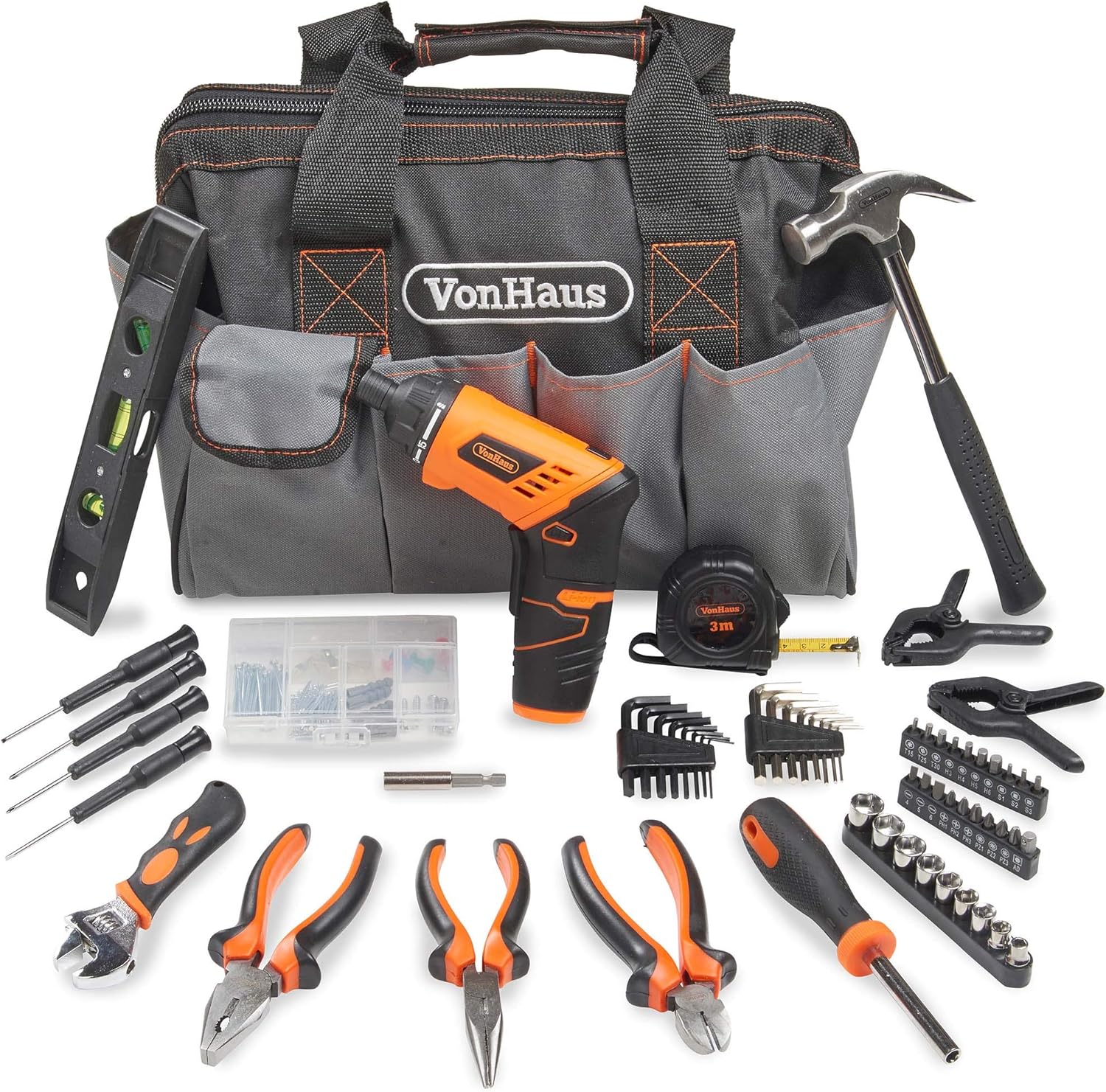 VonHaus Cordless Hand Drill and Household Tool Kit - 94pc Tool Kit for Beginners - Includes 3.6V/Cordless Lithium-ion Screwdriver - Power & Hand Tools with Drill Sets in Case