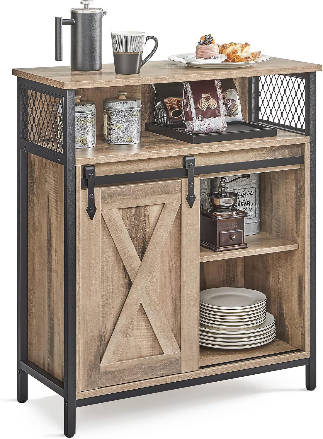 VASAGLE Sideboard, Storage Cabinet, Kitchen Cupboard with Sliding Barn Door, 30 x 70 x 80 cm, Adjustable Shelf, Open Compartment, Rustic Style, for Living Room, Toasted Oak Colour and Black LSC089B50