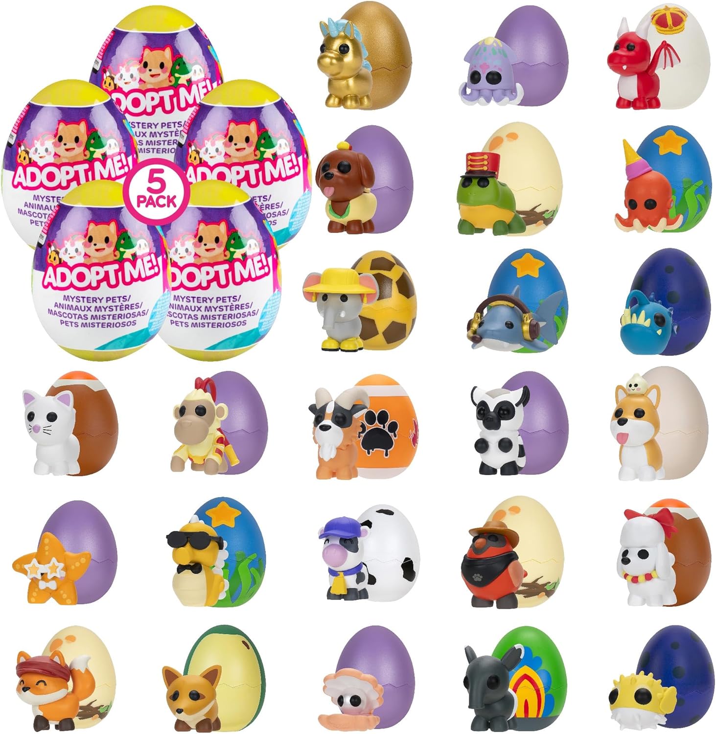 Adopt Me! Mystery Pets Blind Box Assorted 5-Pack - Series 5 - Exclusive Virtual Item Game Code - Collectible Mini Animal Toy Figure, Styles Vary - Christmas Stocking Stuffer Gift for Kids, Girls, Boys