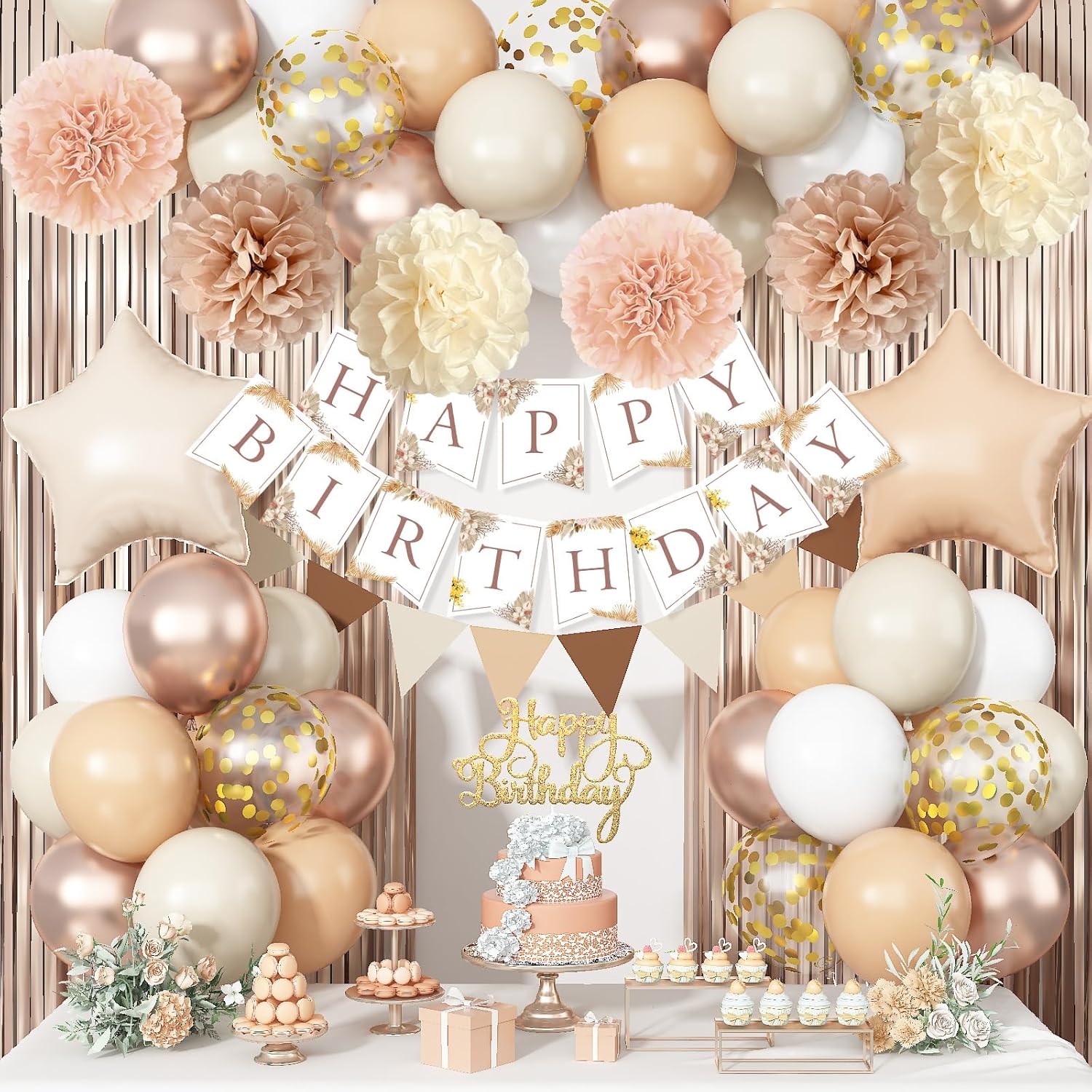 Beige Brown Birthday Decorations for Women, Gold Neutral Cream Sand White Party Balloon Kit with Boho Happy Birthday Banner Fringe Curtain Background Pom Pom Cake Topper for Boy Girl Men Bday Supplies