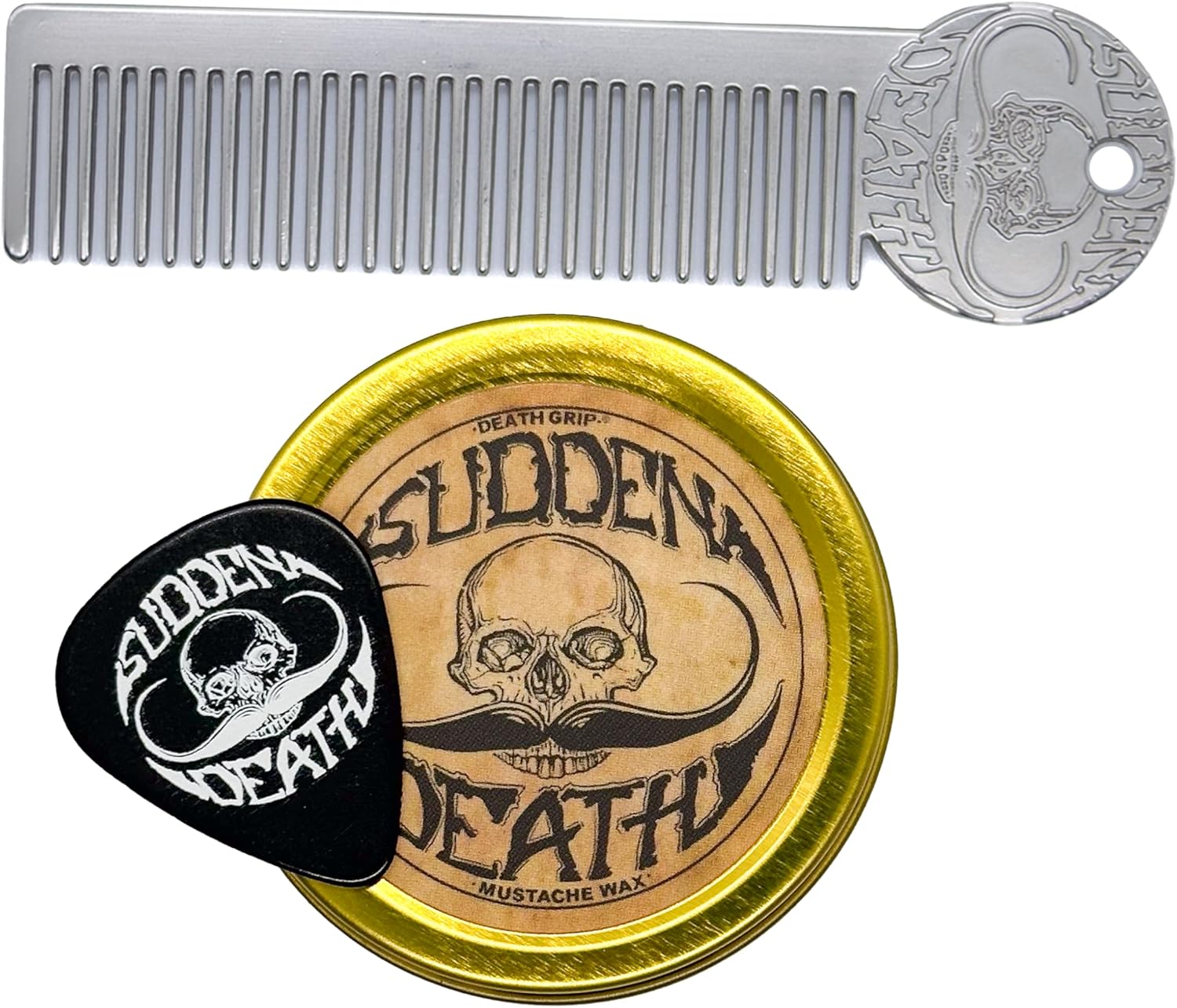 Moustache Wax | Strong Hold Sudden Death 1 oz Tin & Platinum Death Grip Mustache & Beard Comb Mens Combo Kit | Grooming For Men Handlebar English Chevron Dali Moustache & Beard Wax Tin