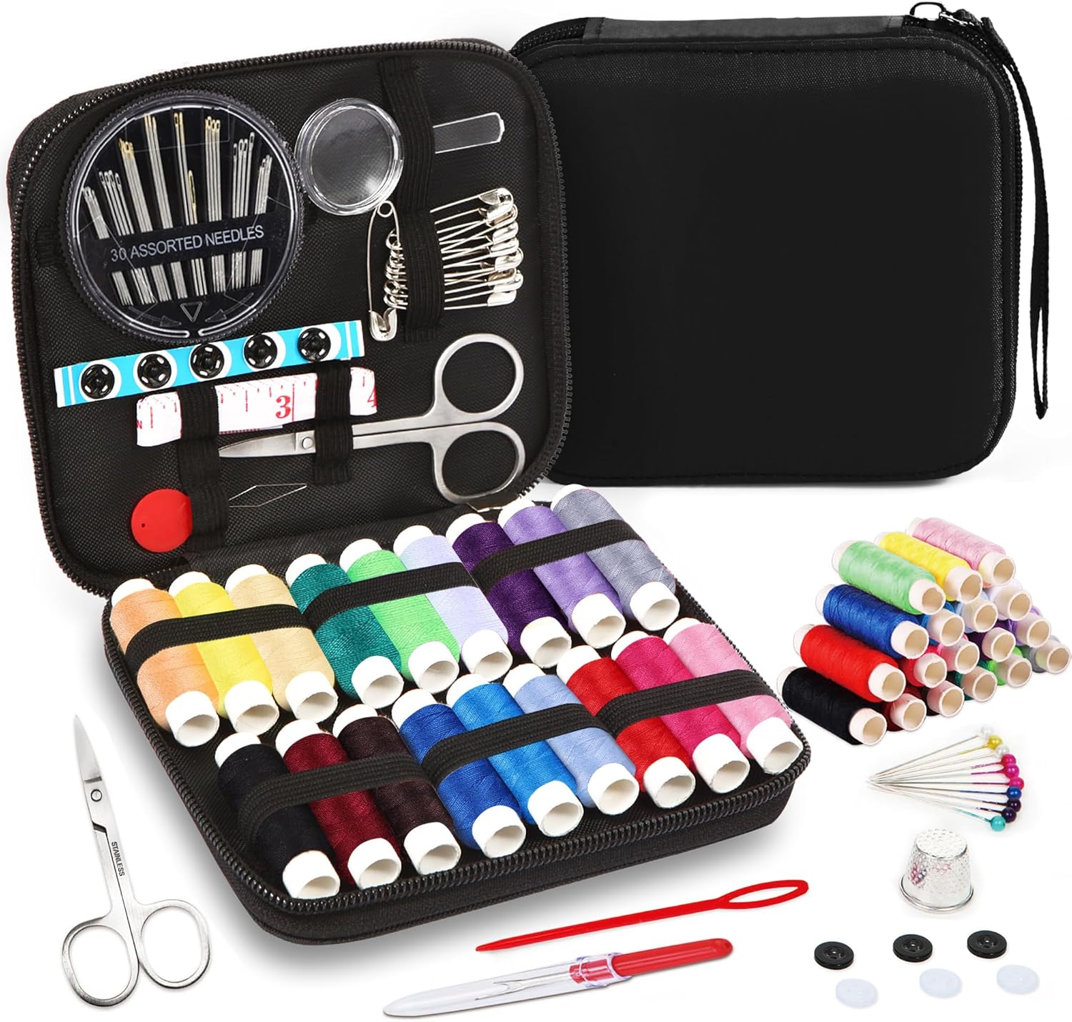 AUERVO Sewing Kit, Mini Sewing Kits 87PCS Thread and Needles Set for Adults, DIY,Home, Travel & Emergency with Compact Small Black Zipper Case