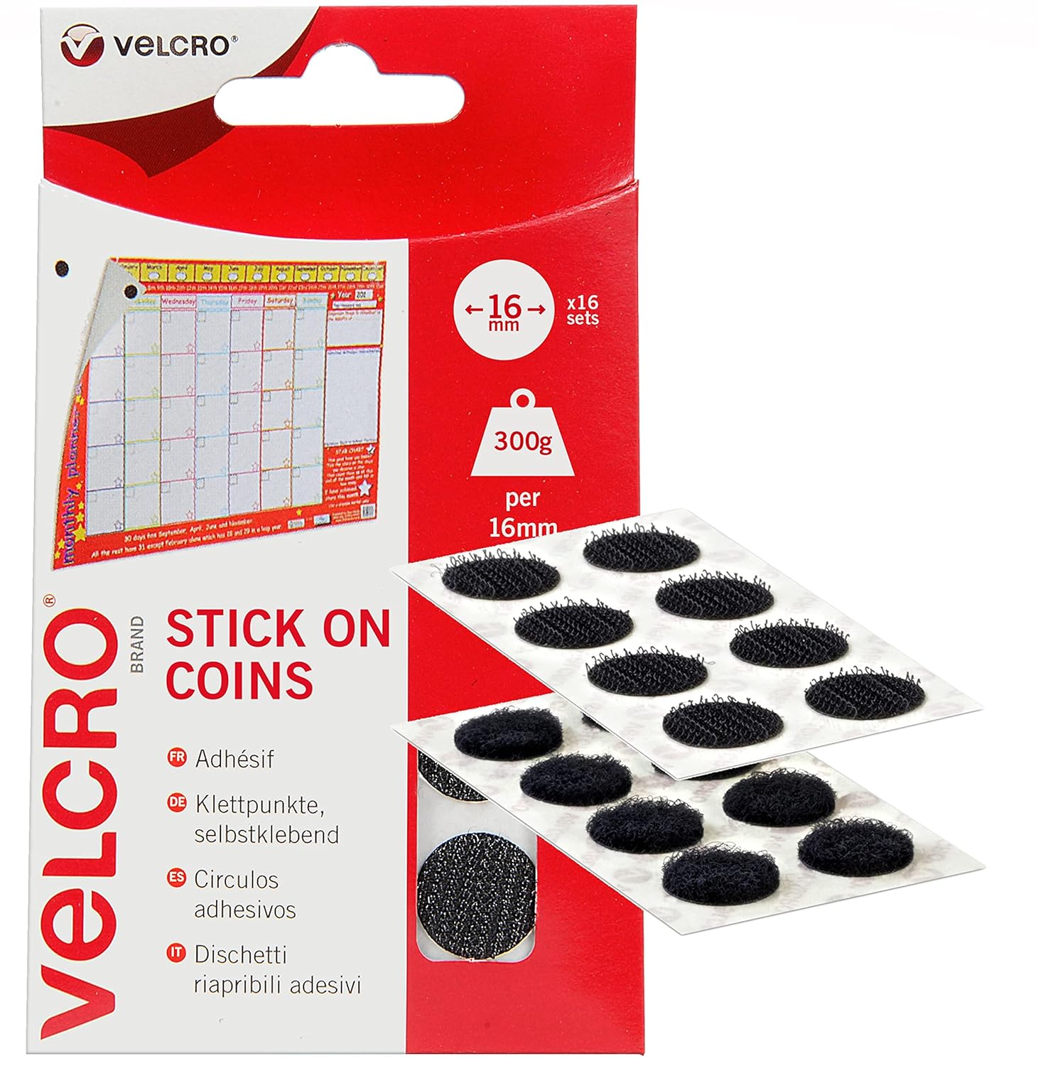 VELCRO Brand | Stick On Coins | Double Sided Hook & Loop Self Adhesive Sticky Coins Perfect for Room Décor & Home, Office, Garage Use | Black | 16mm x 16mm | Pack of 16