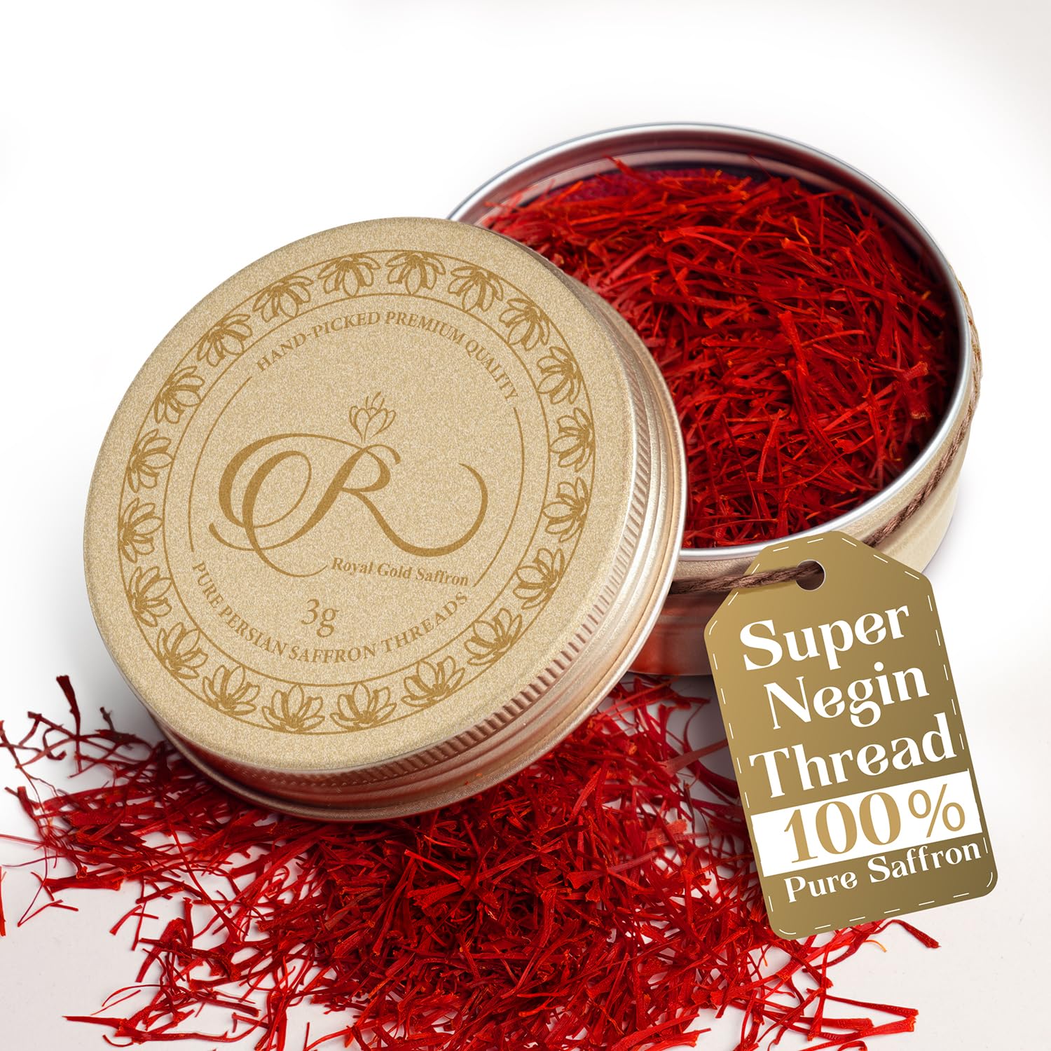 Royal Gold Saffron – Premium Super Negin Saffron Threads, Grade A+ | Gourmet Chef’s Select Spice for Paella, Rice, Risotto, Teas, Dessert, and Gourmet Recipes (3g, 0.10 oz)