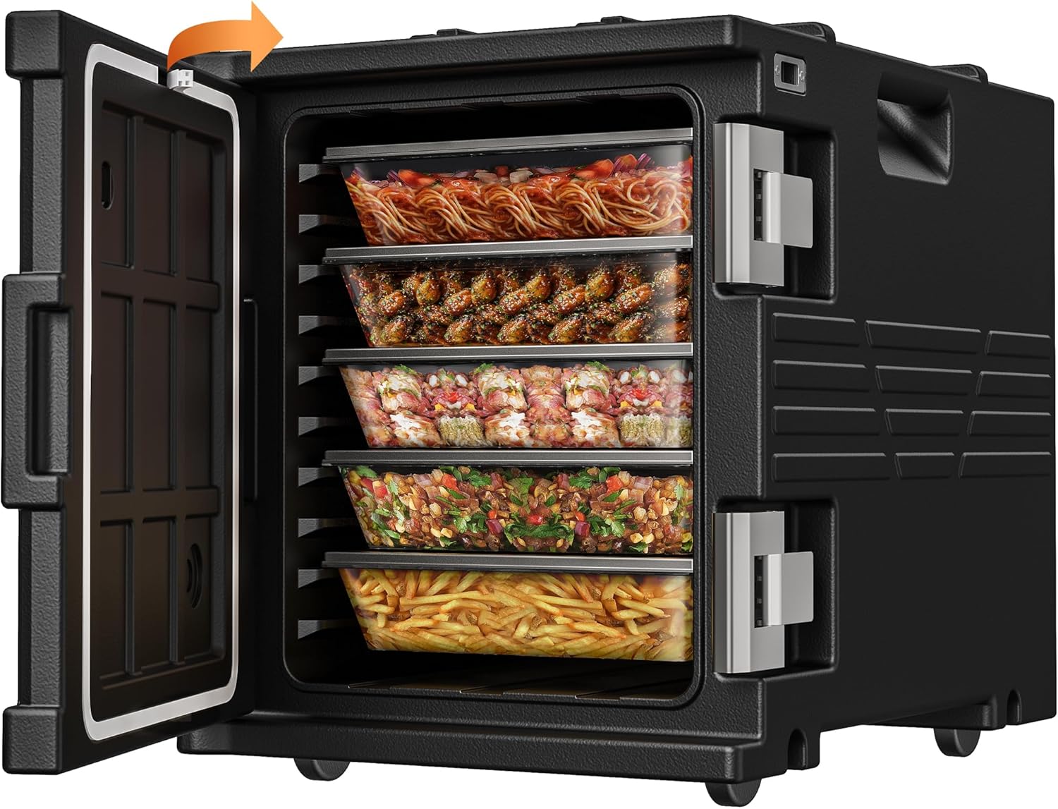 Black 82QT Non-Electric Hot Box Food Warmer with Wheels, 304 Stainless Steel Latch, Insulated Food Carrier for 5 Full-Size Pans(NOT Included), Food Warmer Box Hot Boxes for Catering