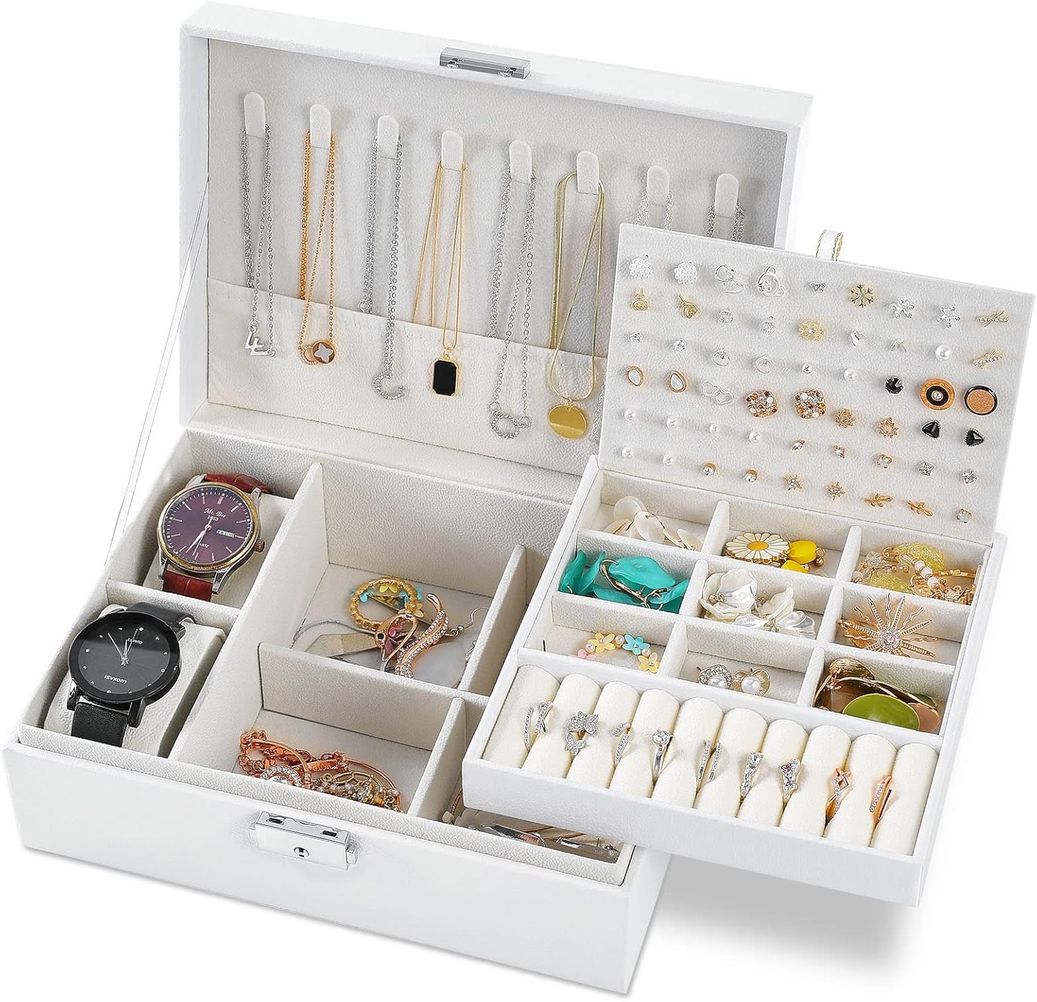 E-MANIS Jewelry Box for Women Girls - 2 Layers PU Leather Organizer With Lock, Removable Tray for Rings, Earrings, Necklace, Watches - White Travel Case