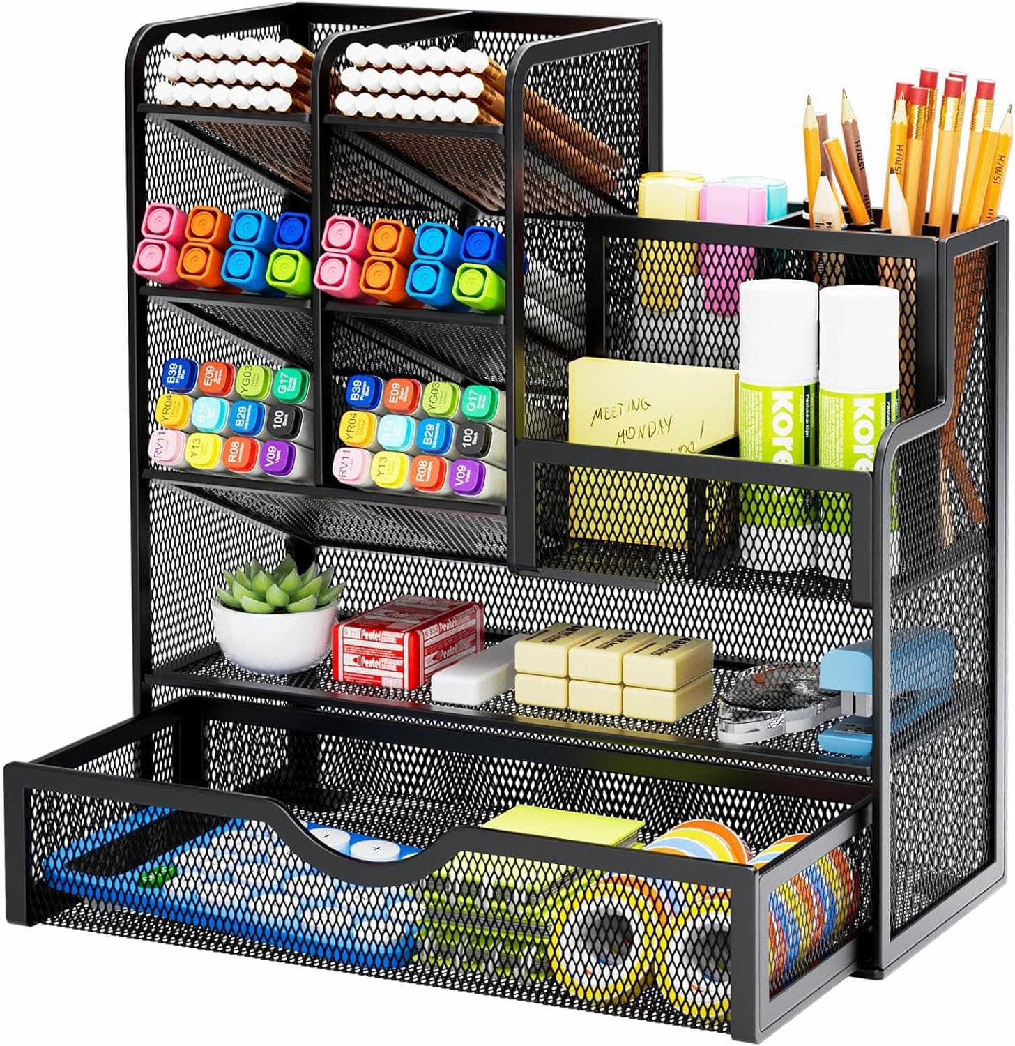 Marbrasse Mesh Desk Organiser,Stationary Organiser,Multifunctional Pen Holder,Desktop Storage and Drawer for Home Officee(Black)