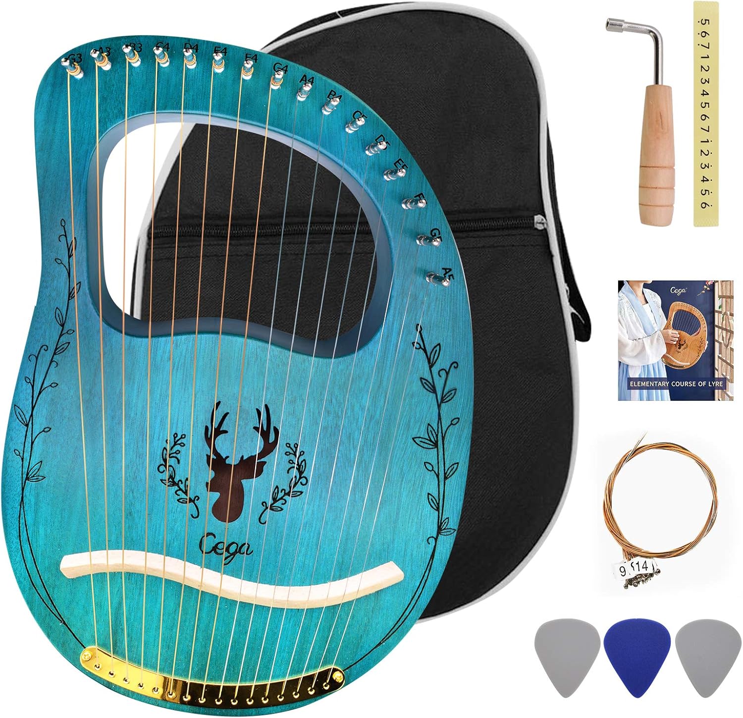 Lyre Harp 16 Strings: Solid Mahogany Wooden Body Metal Strings Musical Instrument - Accessory with Tuning Wrench and Durable Gig Bag
