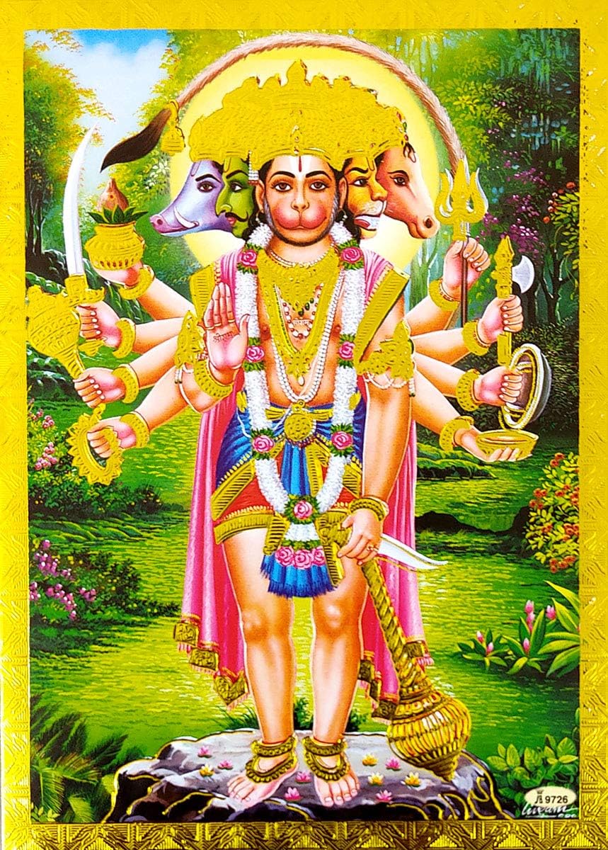 Crafts of India Panchmukhi Hanuman Poster/Reprint Hindu God Picture with Golden Foil (Unframed : Size 5"X7" inches)