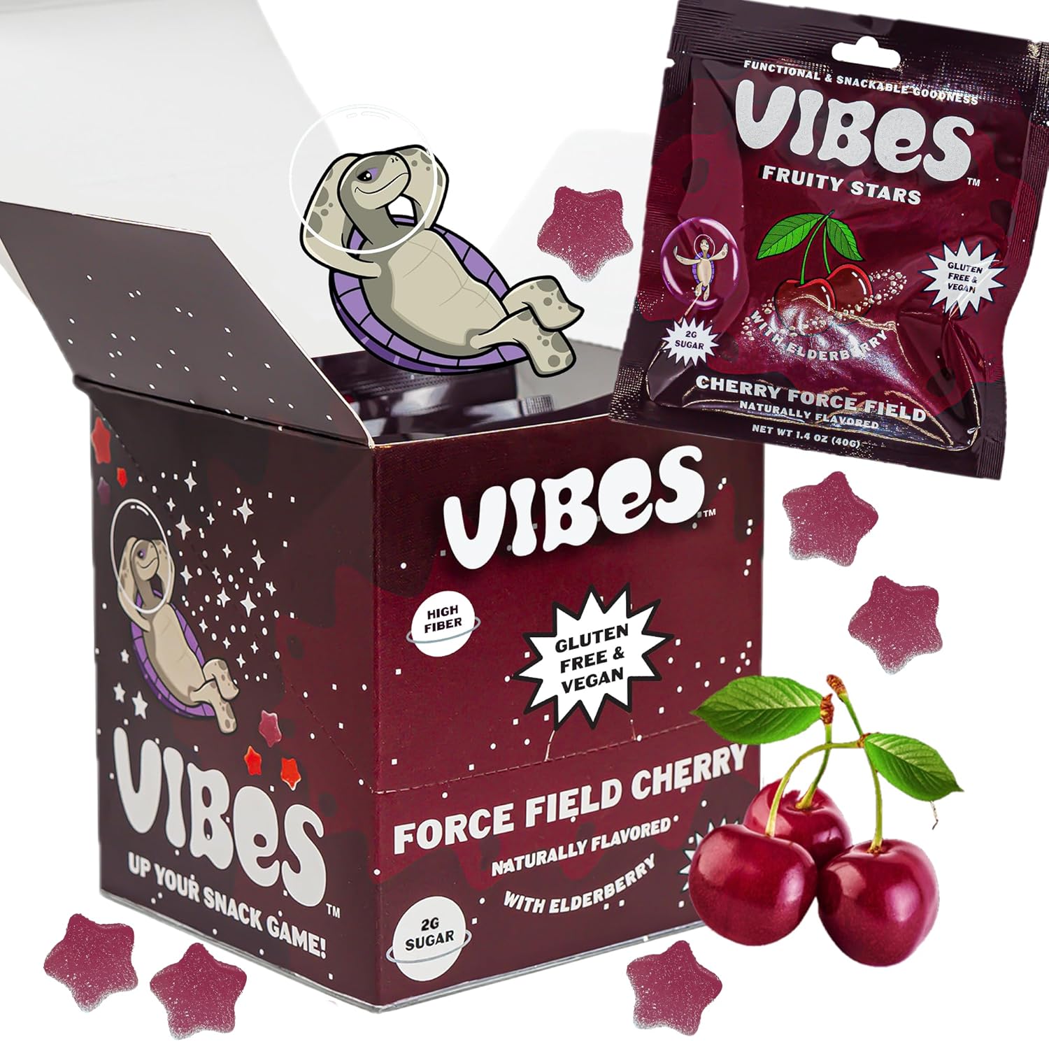 VIBES Cherry Force Field Fruity Stars - Delicious Low Calorie Gluten-Free Bulk Fruit Snacks - High Fiber Healthy Fruit Snacks for Kids, Teens, & Adults -2g Sugar - 6 Packs of 18 Fruit Gummies