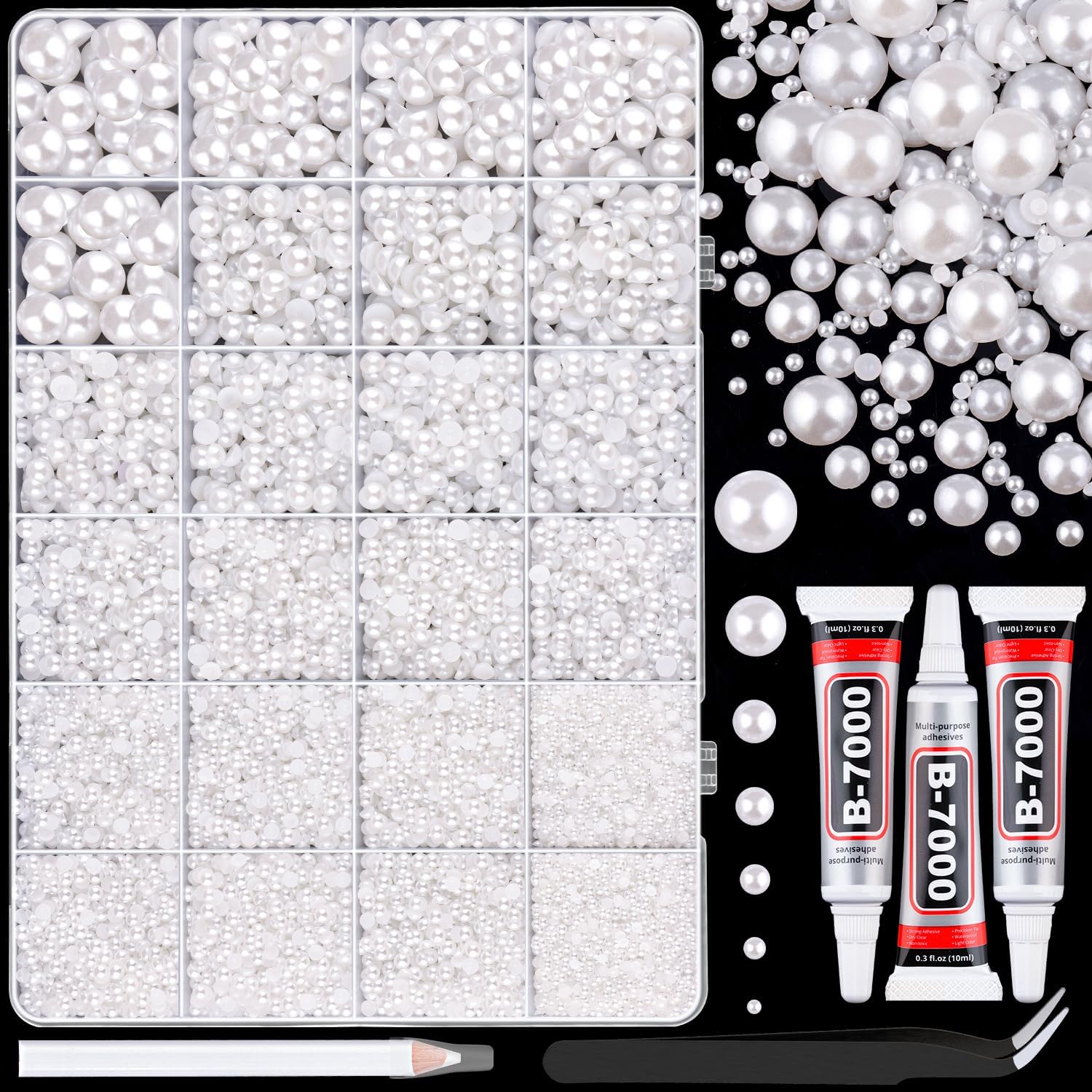 13000Pcs Flatback Pearls for Crafting (White), Assorted Size 2/3/4/5/6/8/10mm Half Pearl with 3Pcs 10ml B7000 Jewelry Glue, Bedazzling Kit for DIY Crafts Clothing Tumbler Shoes Embellishment Nail Art