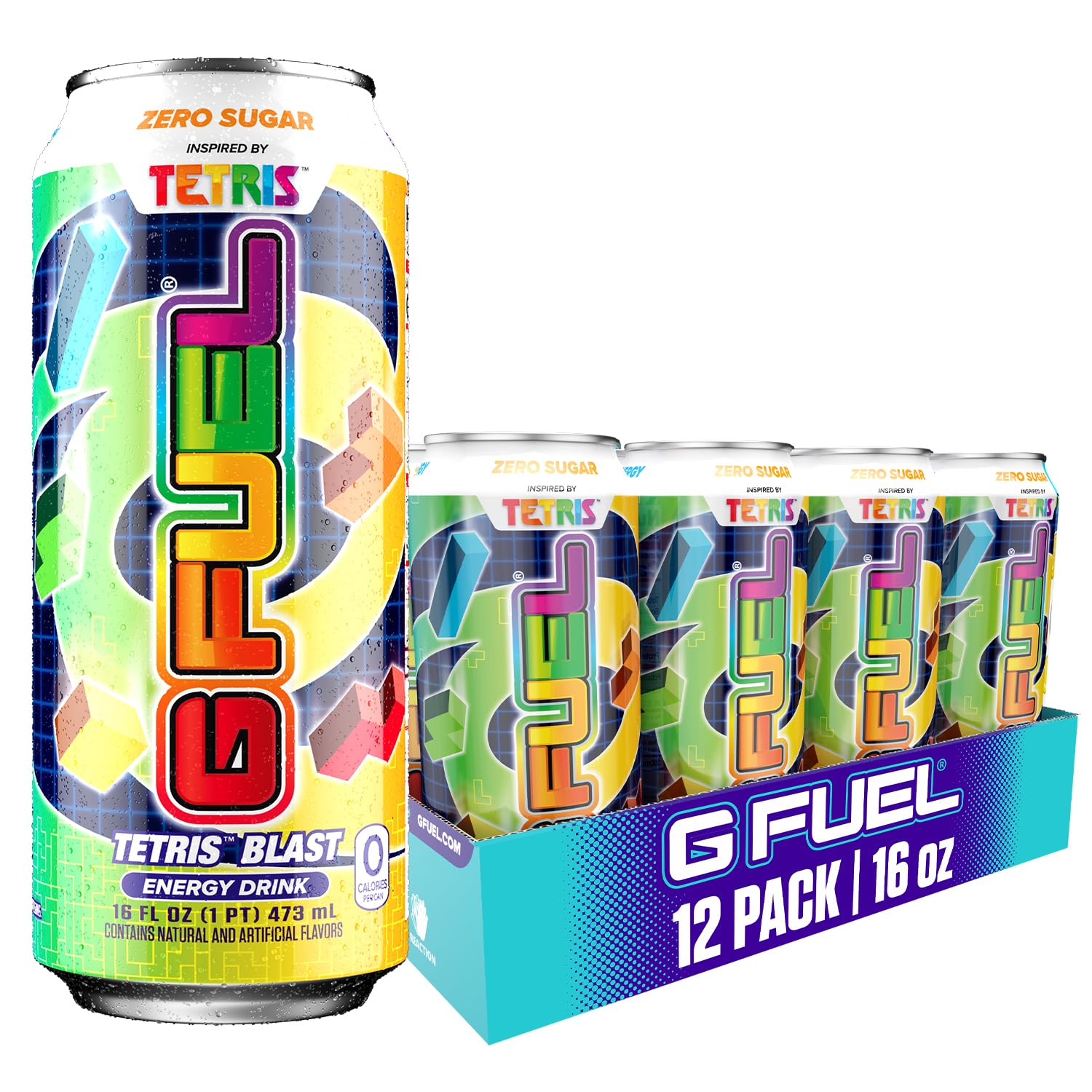 G Fuel Energy Drink, Candy Flavor, Sugar Free Beverage with 300mg Caffeine, Daily Energy Boost with Focus Amino, Vitamin + Antioxidants, 16 oz Cans (Tetris, 12-Pack)