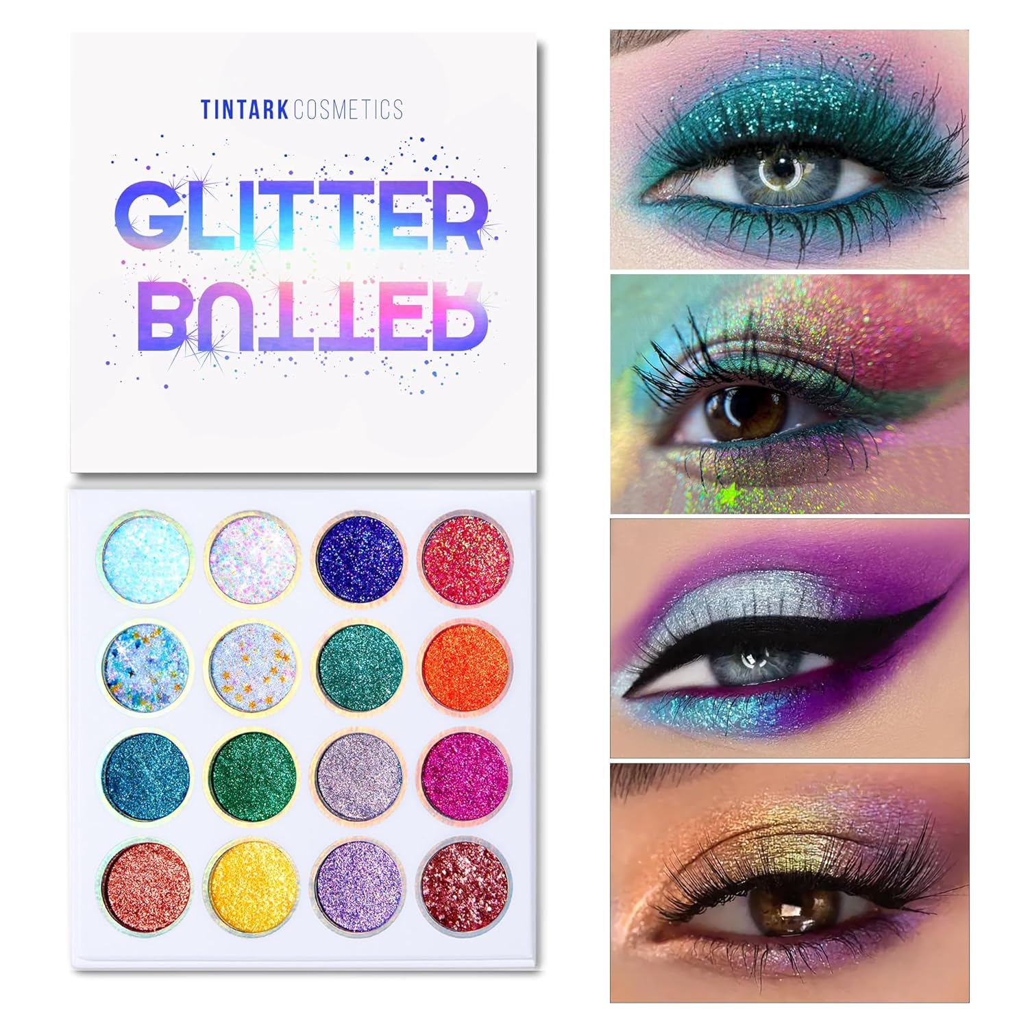 Glitter Butter Sparkle Eyeshadow Palette, 16 Colorful Holographic Multichrome Iridescent Chameleon Makeup Palette, Shimmer Highlighter Metallic Eye Shadow, Rainbow Eyeshadow Pallets