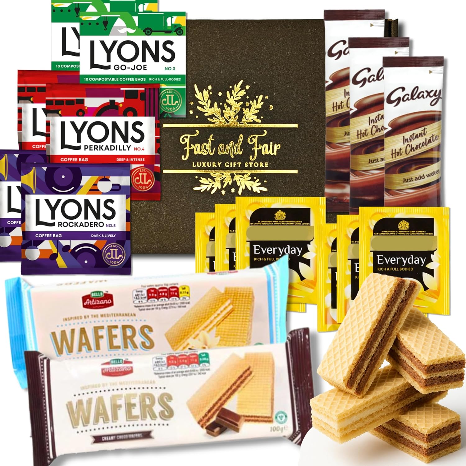 Luxury Hot Drink Hamper with Lyons Coffee Bags, Everyday Tea, Hot Chocolate & Wafers – 16 Item Food Gift Set in Elegant Black & Gold Presentation Box – Fast and Fair
