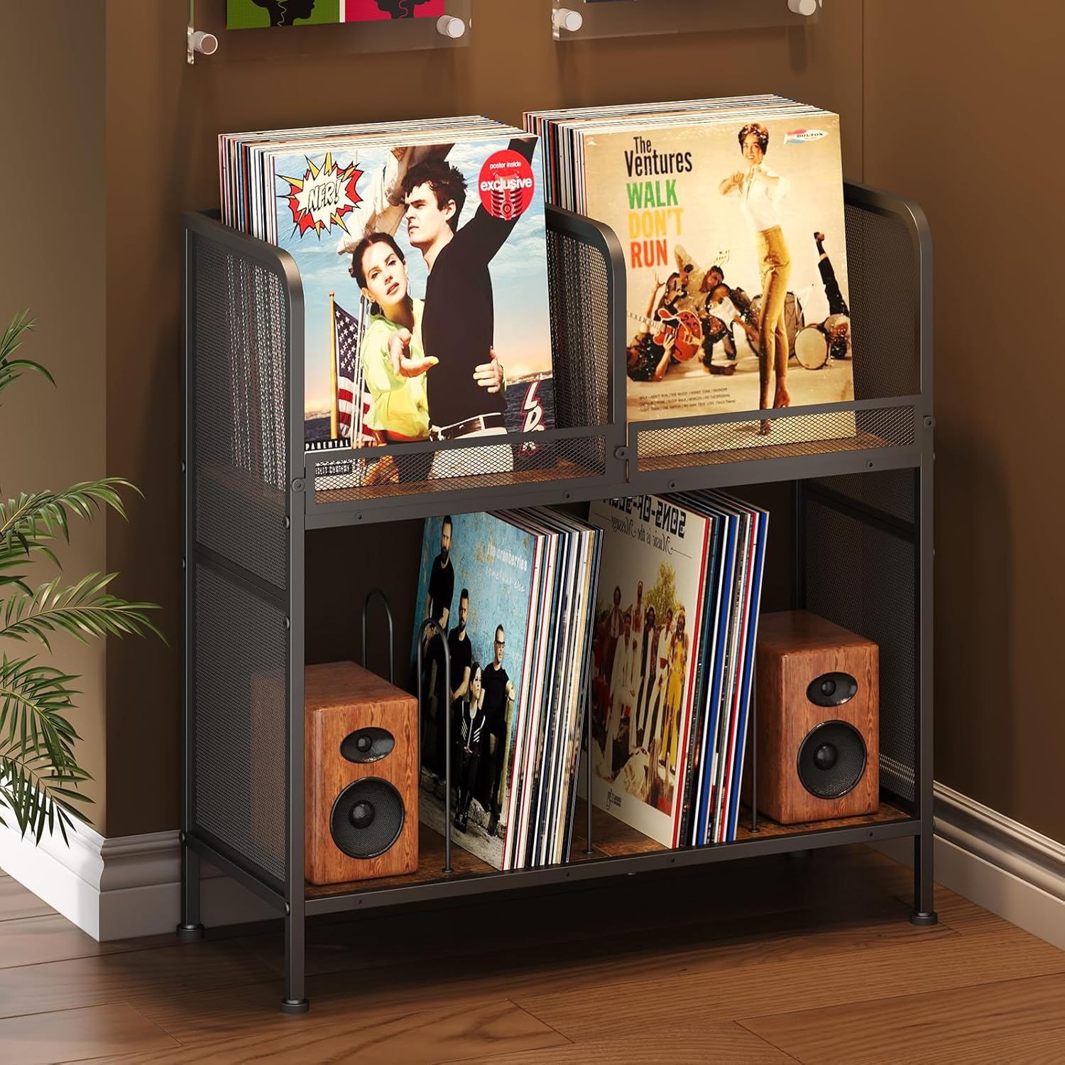 Vinyl Record Storage with 2 Tier, Record Holder Up to 260 Albums, Vintage Record Stand for Living Room Bedroom and Corner