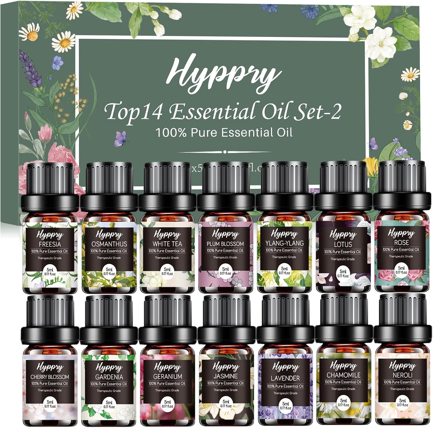 Hyppry Floral Essential Oils Fragrance Oils Set 14 x 5 ML, Premium Aromatherapy Scented Oils for Diffusers for Home - Lavender, Rose, Freesia, Ylang-Ylang, Jasmine, Chamomile, Neroli, Cherry Blossom