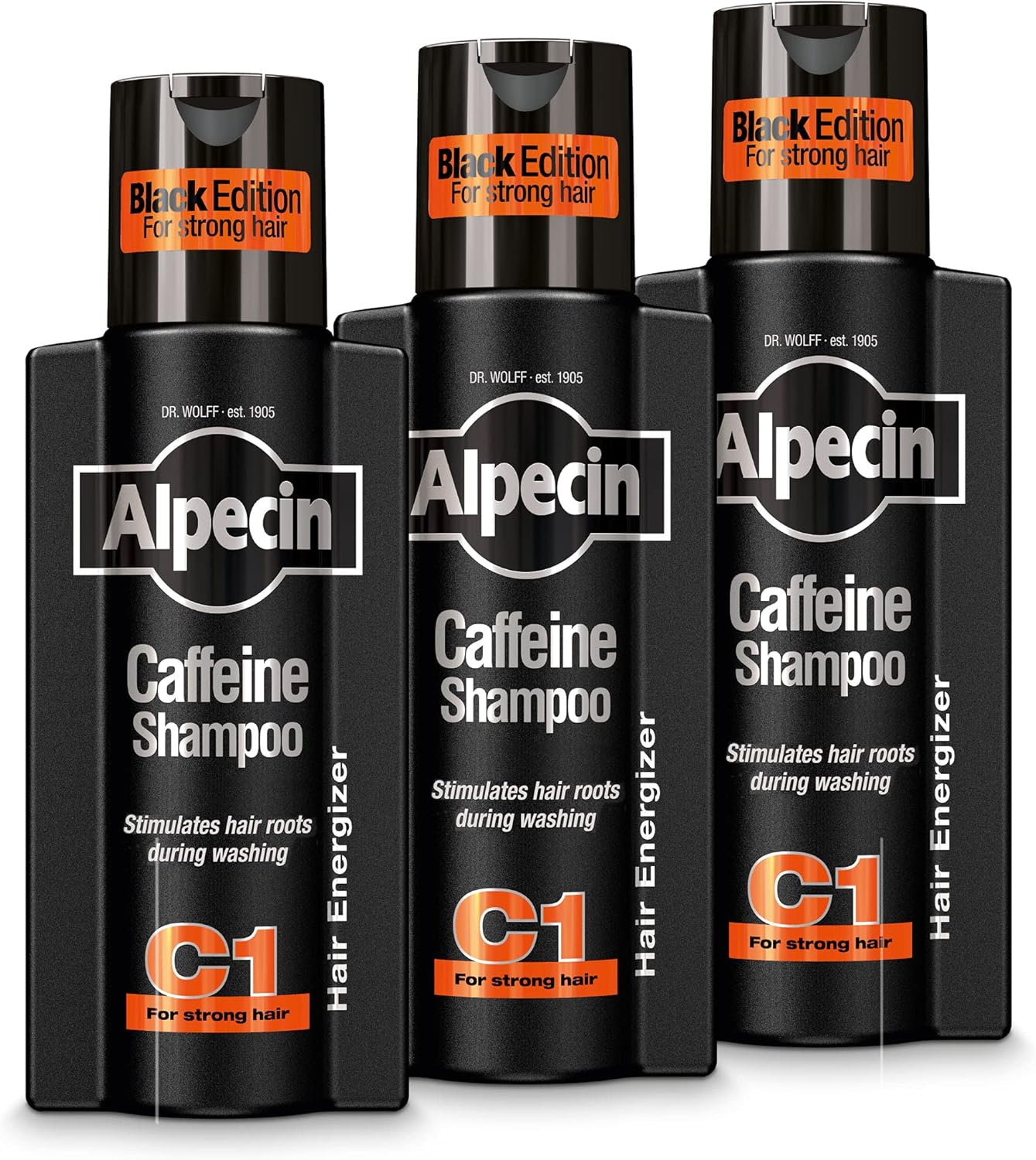 Alpecin Caffeine Shampoo C1 Black Edition - 3 x 250 ml - with new fragrance | Natural hair growth for men | Energy for strong hair | Hair Care for Men Made in Germany