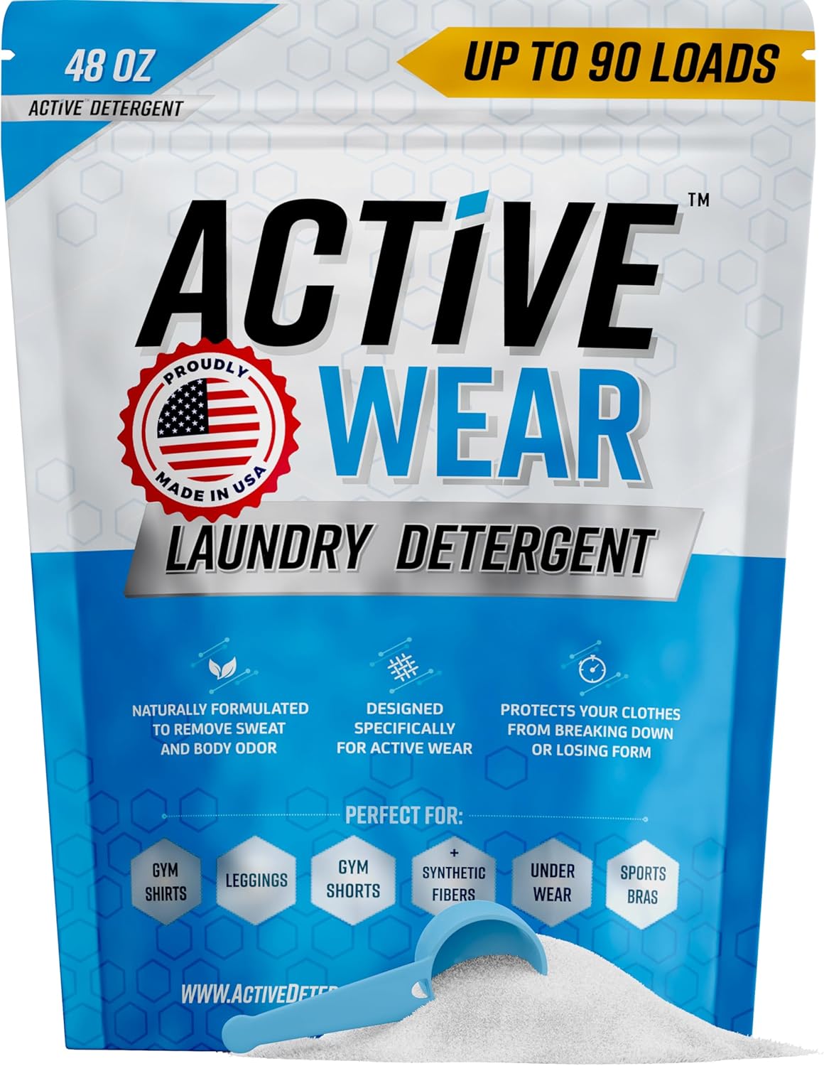Active Wear Laundry Detergent & Soak - Formulated for Sweat and Workout Clothes - Natural Performance Concentrate Enzyme Booster Deodorizer - Powder Wash for Activewear Gym Apparel (90 Loads)