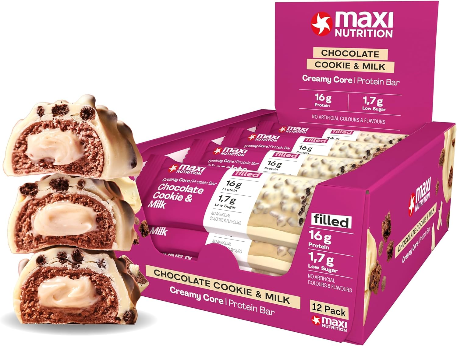 MaxiNutrition Creamy Core Protein Bar - Snack - Fat-Free, Low in Sugar - 16g Protein - Chocolate Cookie & Milk, 188 kcal per Serving, Maxi Nutrition 12 x 45g bar