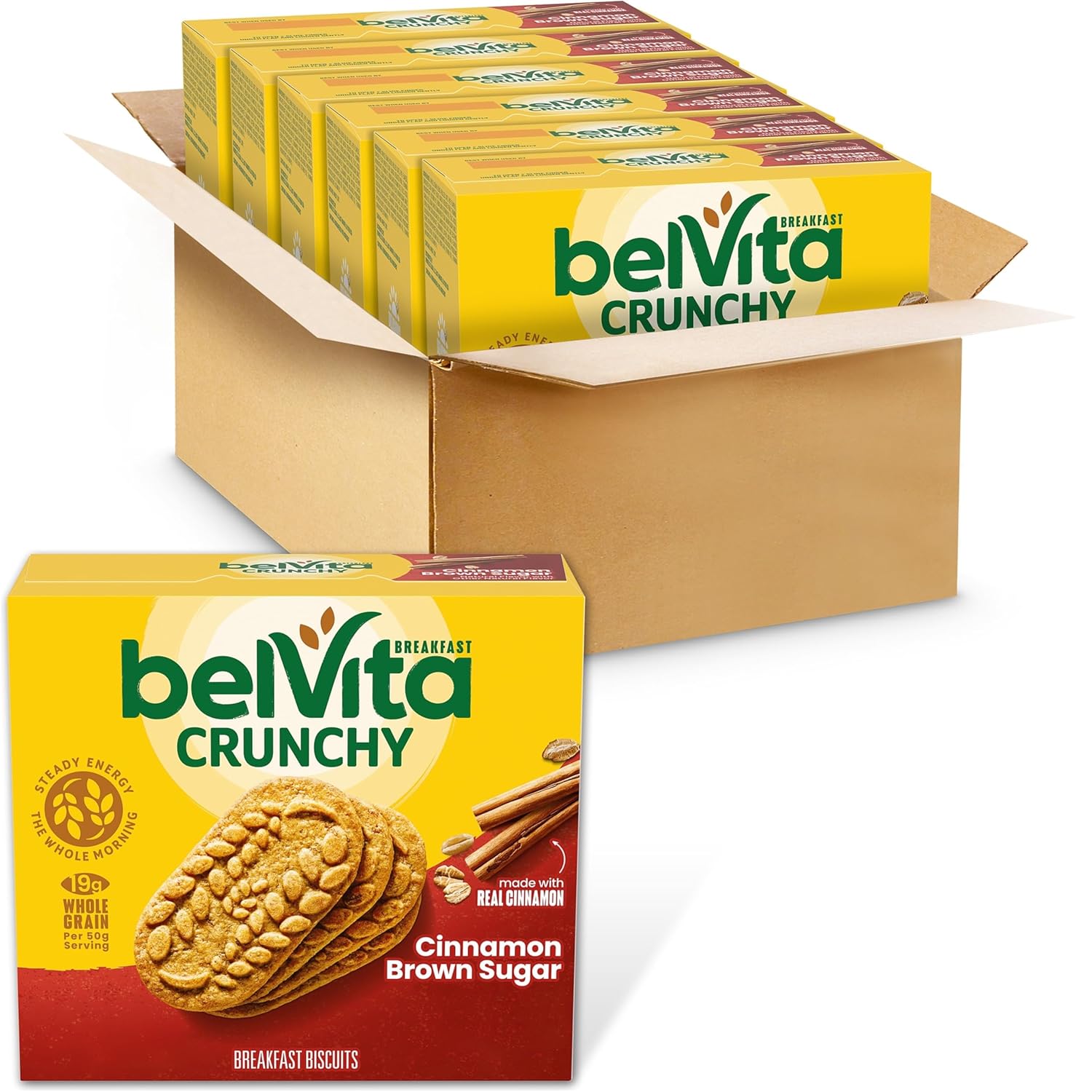 belVita Cinnamon Brown Sugar Breakfast Biscuits, 30 Total Packs, 6 Boxes (4 Biscuits Per Pack)