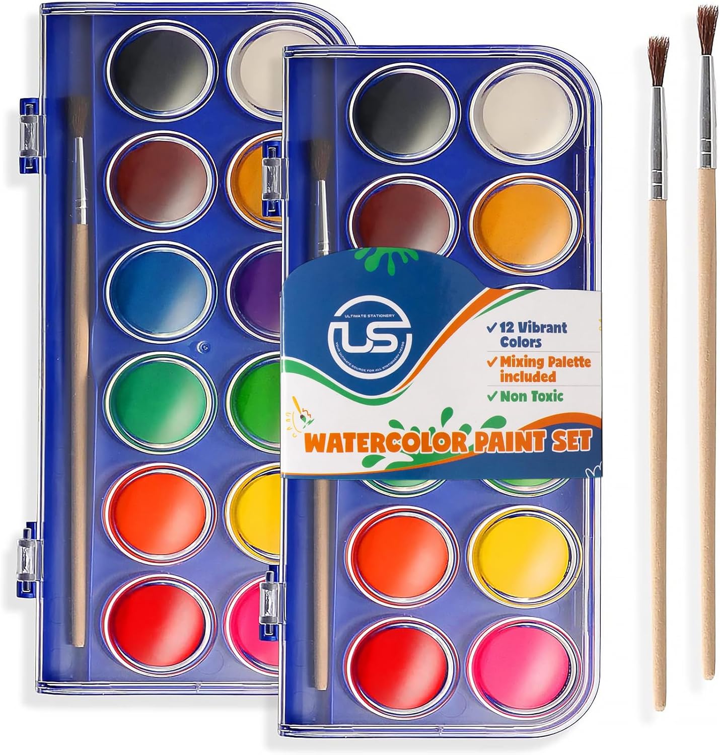 2 Pack Watercolor Paint Set 12 Vivid Colors Includes Watercolour Mixing Palette and 2 Brushes, Perfect For Artists, Beginner Painters, Kids and Adult Painting