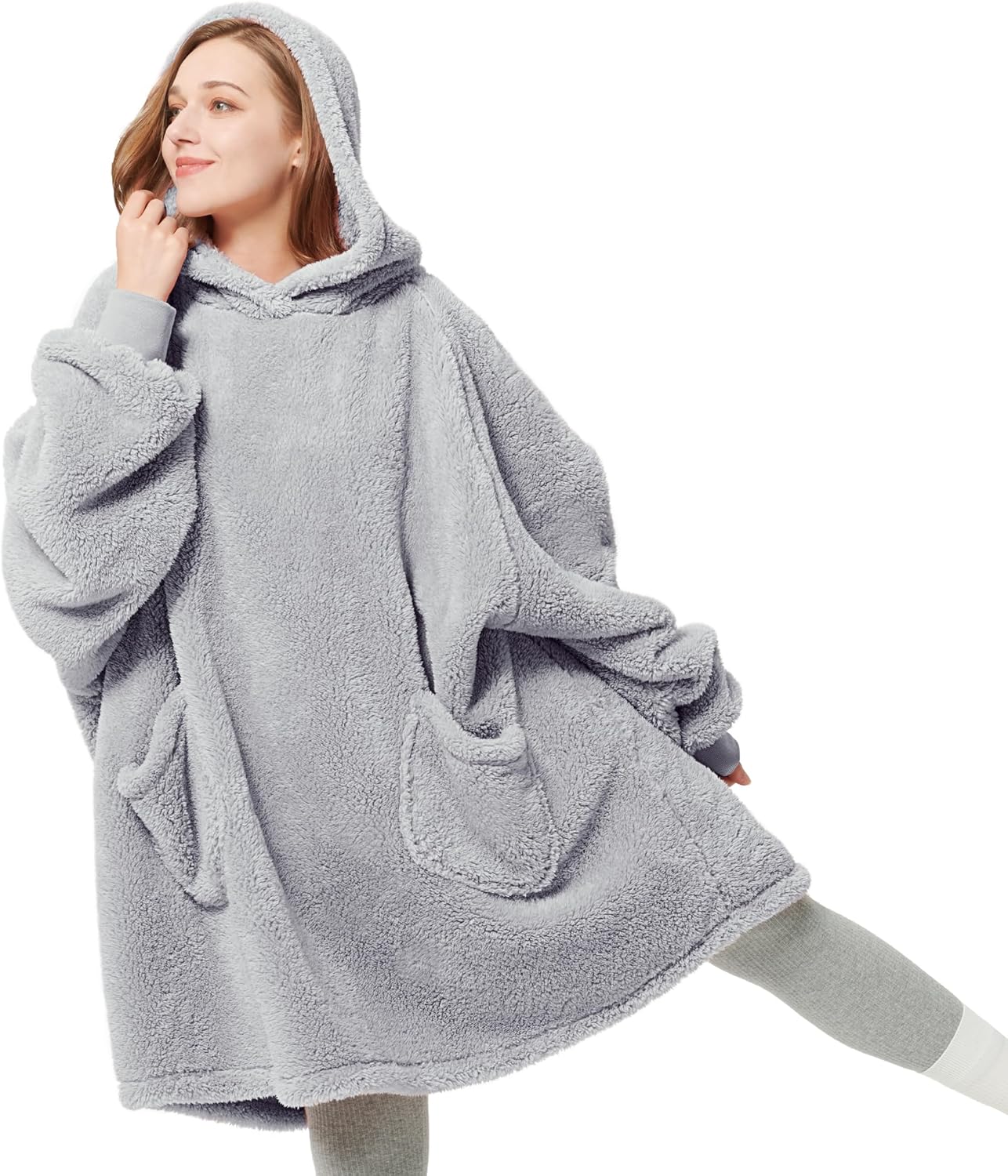 Bedsure Wearable Hoodie Blanket Gift for Girlfriend, Warm Cozy Fluffy Birthday Present for Women Wife Mom Friends, Fluffy Sweatshirt Oversized White Elephant Gift for Adults Men, Grey