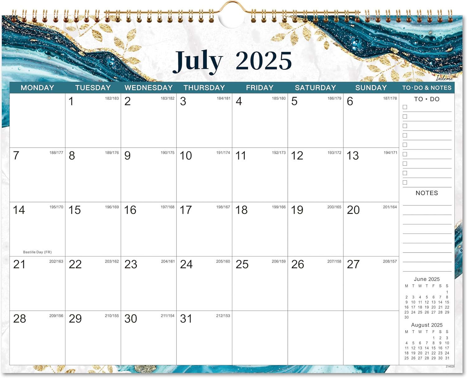 2025-2026 Calendar - Wall Calendar 2025 from July 2025 to December 2026, Month to View Calendar, Twin-Wire Binding, Hanging Hook - Blue and Green, 37.6 x 29 cm