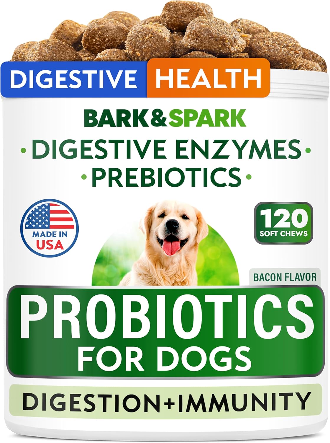 Bark&Spark Dog Probiotics & Digestive Enzymes (Gut Health) Allergy & Itchy Skin - Pet Diarrhea Gas Treatment Upset Stomach Relief Pill, Digestion Health Prebiotic Supplement Tummy Treat (120Ct Bacon)