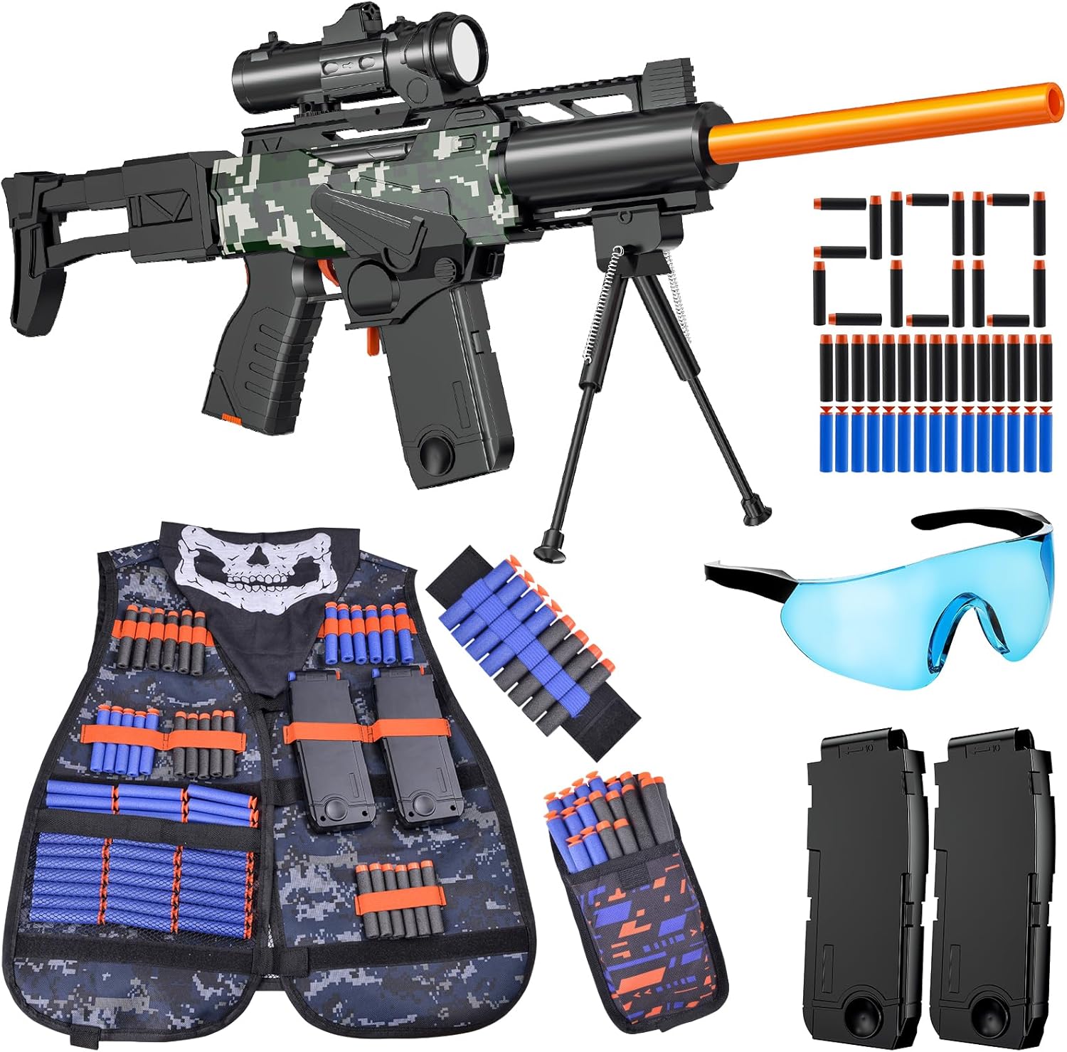 Toy Gun Automatic Sniper Rifle with Scope, Tactical Vest Kit, Toy Foam Blasters with 200 Soft Bullets, 2 Magazinine and Bipod, Electric Gun for Boys Age 8-12, Gifts for Birthday Christmas