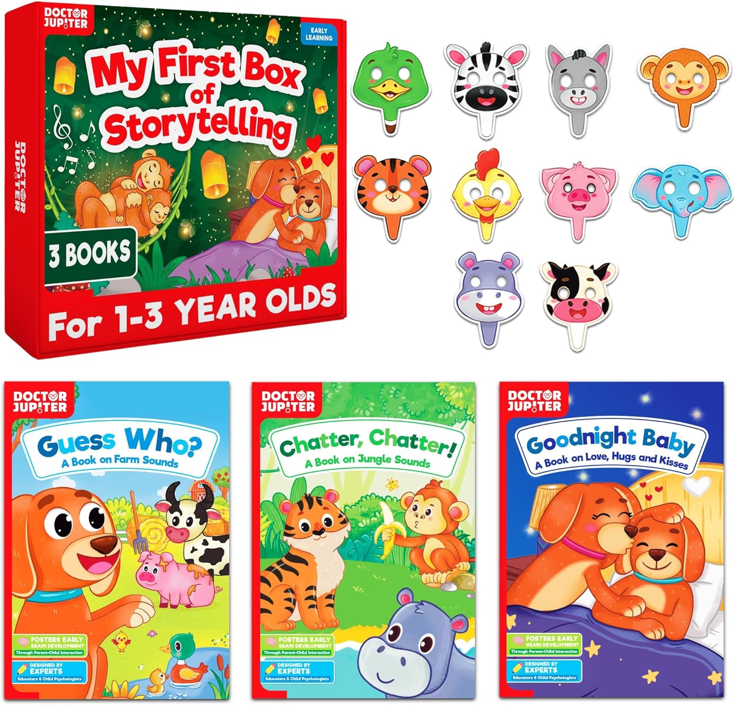 Doctor Jupiter My First Library Set for 1-2-3 Year Old Boys & Girls | Birthday Gifts for Toddler Ages 1+| Children Learning Set of 3 Board Books & 10 Animal Masks