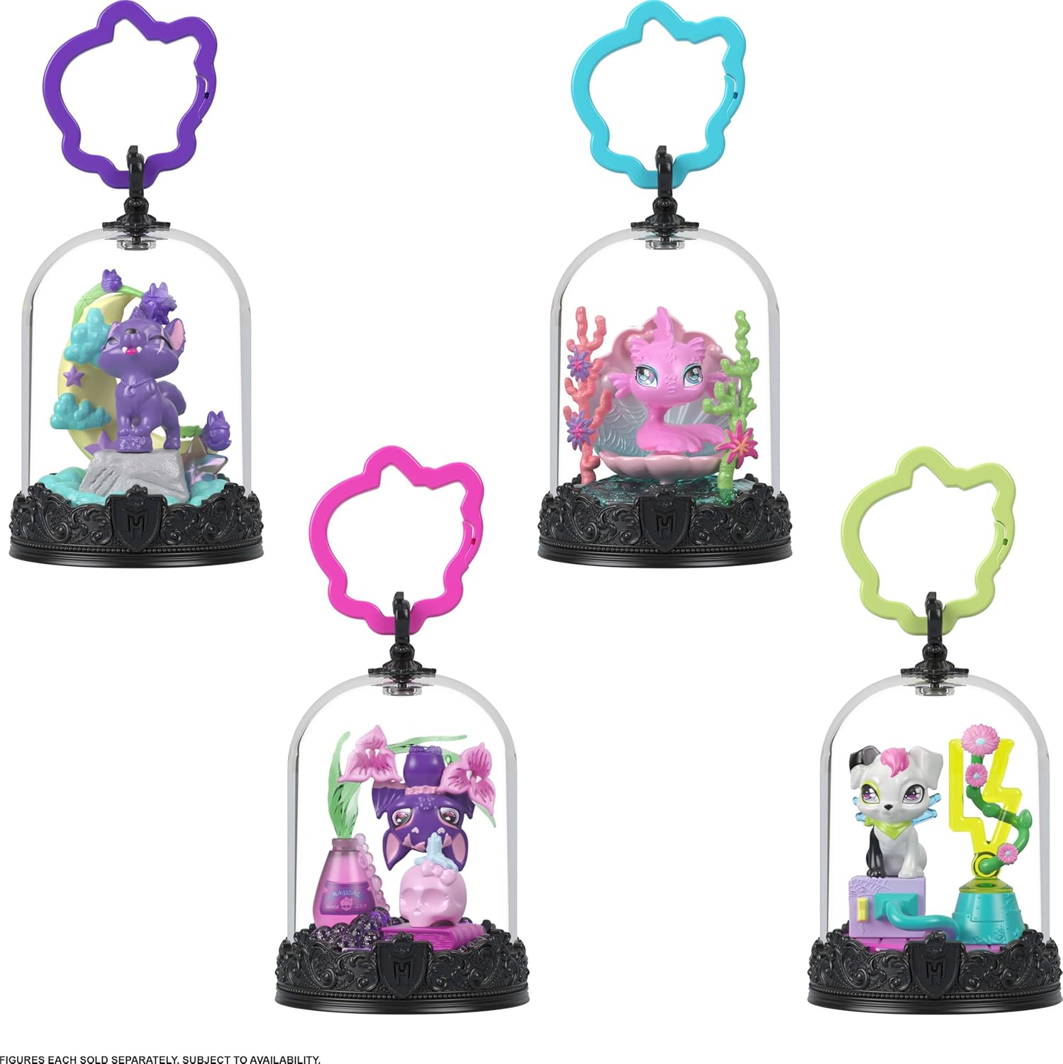 Monster High Pet Keychain with Animal Figures, Bell Jars with Snap and Play Themed Accessories, Buildable Terrariums for On-the-Go Display