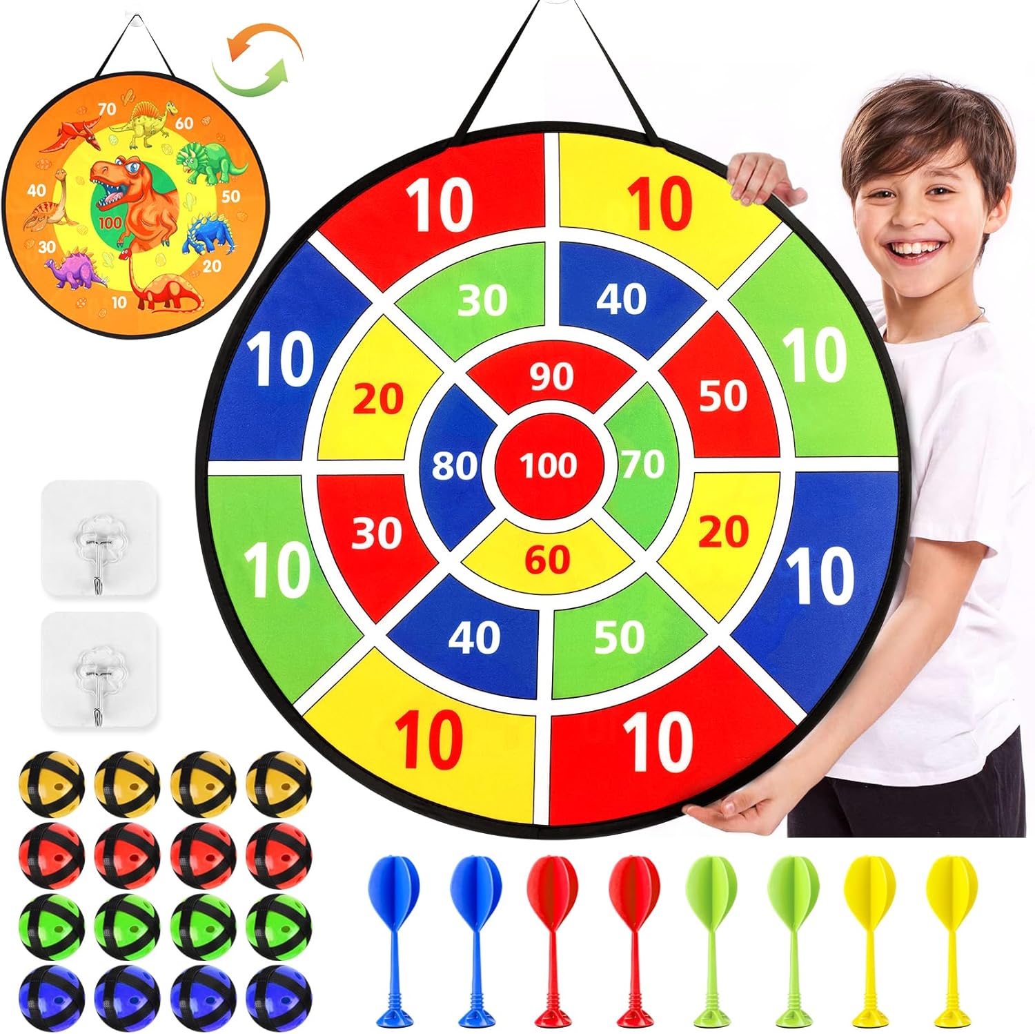 26 Inches Kids Toys Dart Board,Dinosaur Theme Double Sided with 16 Sticky Balls and 8 Darts, Safe Indoor Outdoor Sports Party Game Toys for 3 4 5 6 7 8+ Years Old Boys Adults Gift