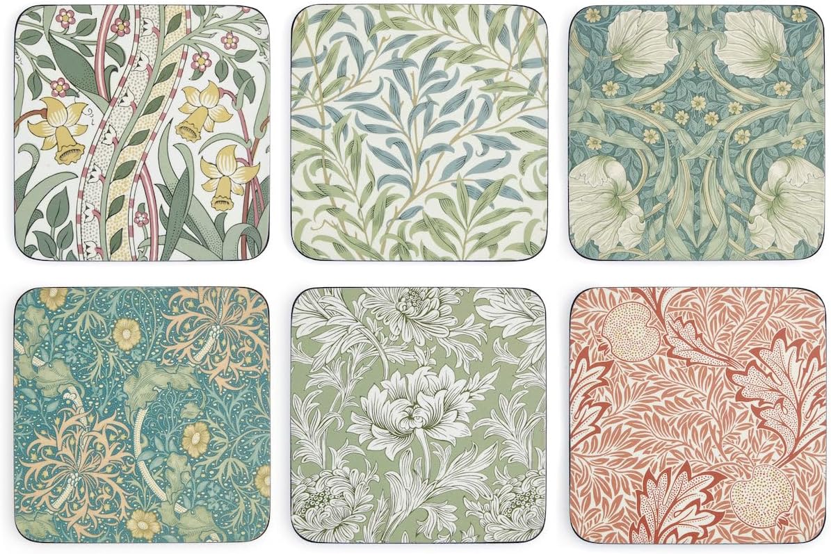 Spode Morris & Co Coasters Set of 6, Multi Coloured, 10.5cm x 10.5cm/ 4" x 4" (X0010269174), ['Daffodil', 'Willow Bough', 'Pimpernel', 'Seaweed']