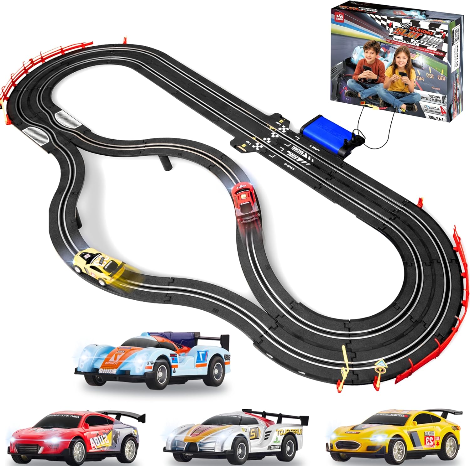 Slot Car Race Track Sets, Race Car with 4 High Speed Cars, Race Tracks for Kids Ages 4-8, Electric Slot Car Race Track Sets, Remote Control Car, Gifts Toys for Boys - 115' Raceway
