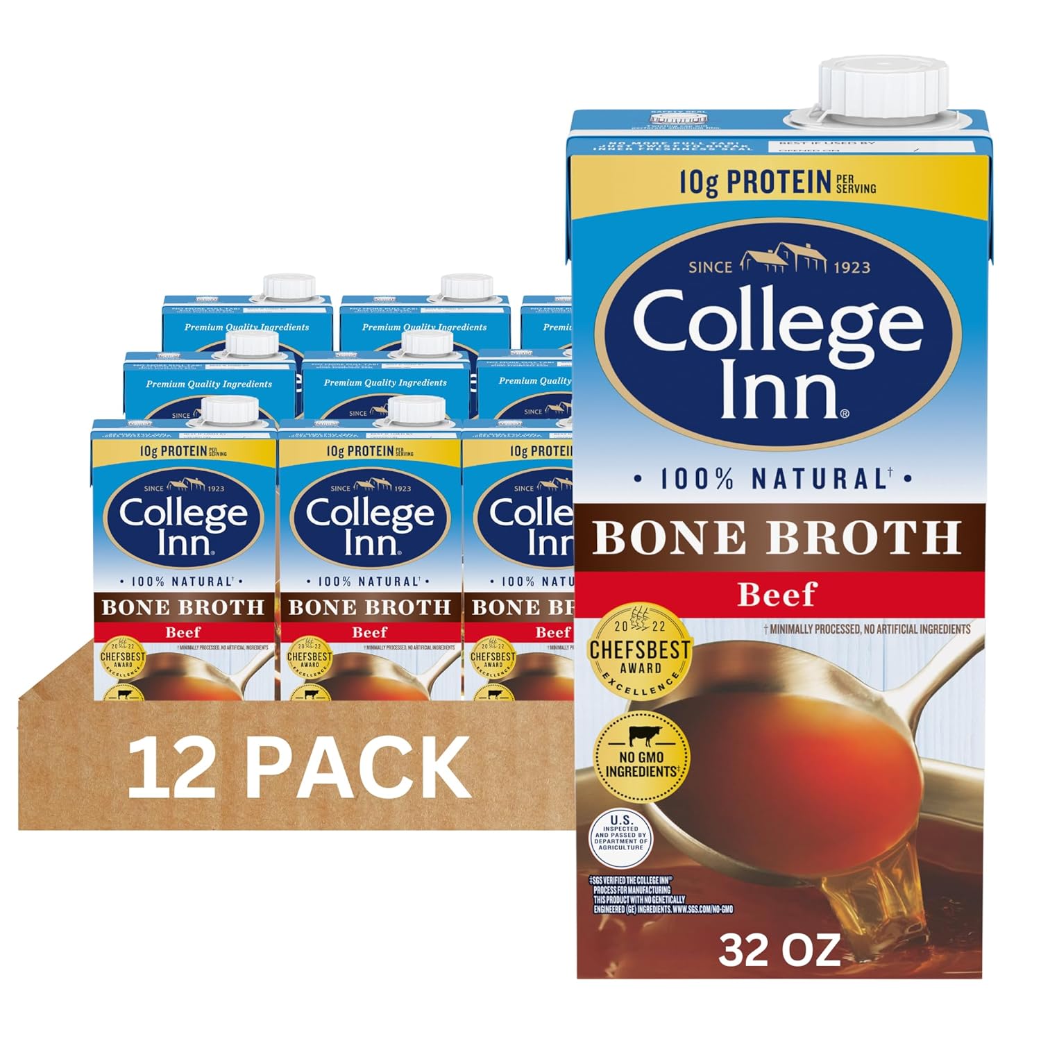 College Inn 100% Natural Beef Bone Broth, 32 fl Ounce (Pack of 12)