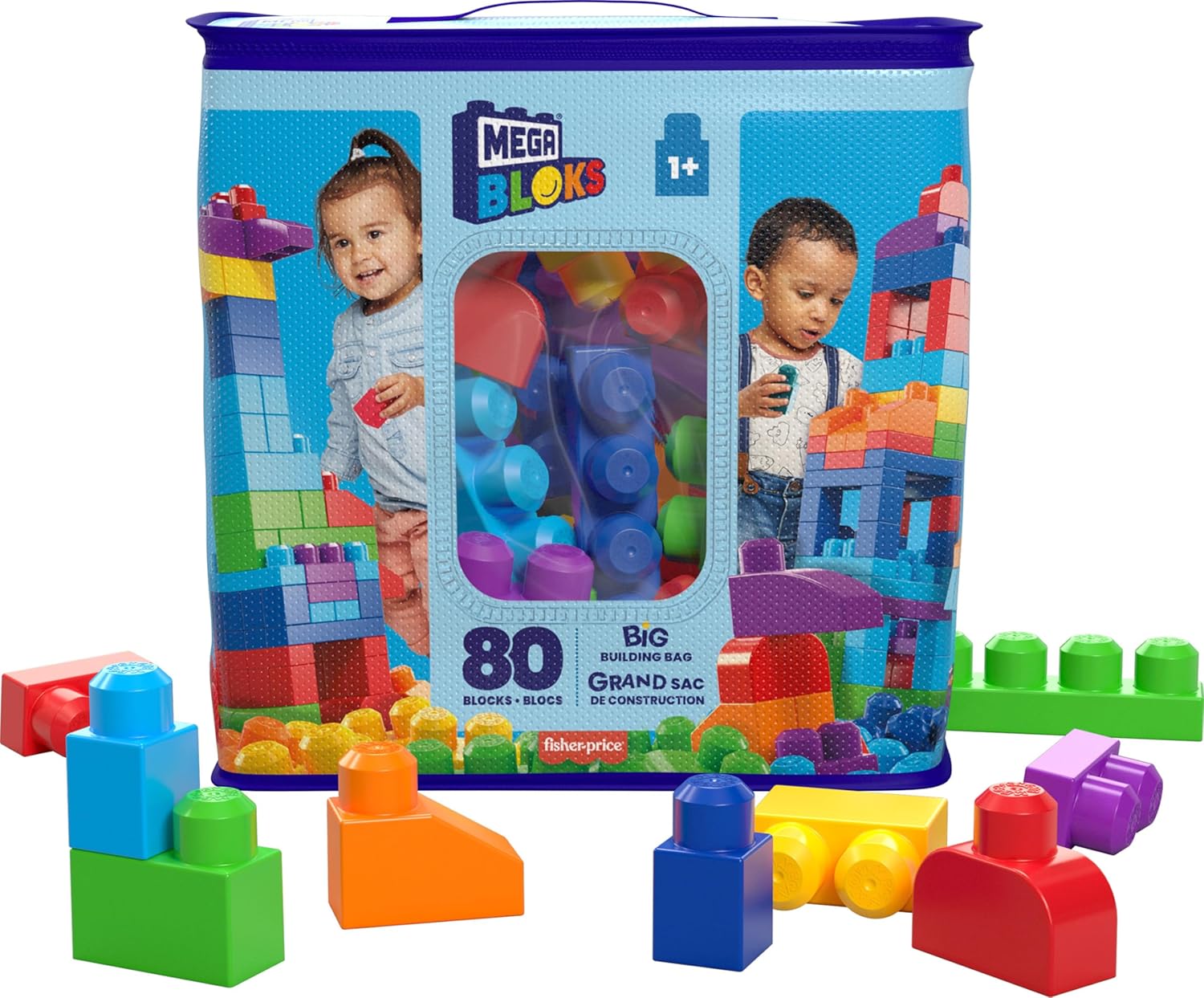 MEGA BLOKS First Builders Toddler Blocks Toys Set, Big Building Bag with 80 Pieces and Storage, Blue, Ages 1+ Years