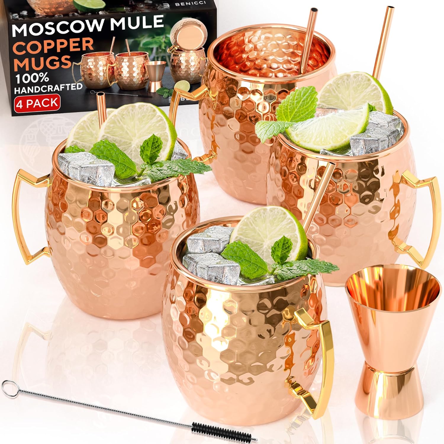 Benicci Moscow Mule Copper Mugs - Set of 4-100% HANDCRAFTED - Food Safe Pure Solid Copper Mugs - 16 oz Christmas Gift Set with Premium Quality Cocktail Copper Straws and Jigger!