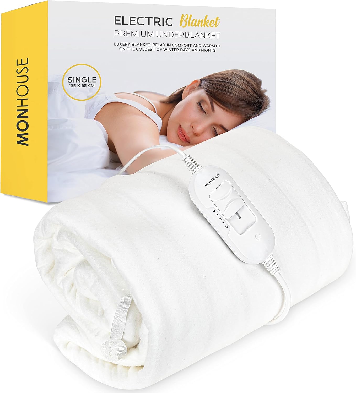 MONHOUSE Premium Soft Fleece Electric Blanket - Heated Under Blanket - Heated Mattress Cover - Detachable Controller & Machine Washable - 3 Heat Settings - Single 65x135cm - White