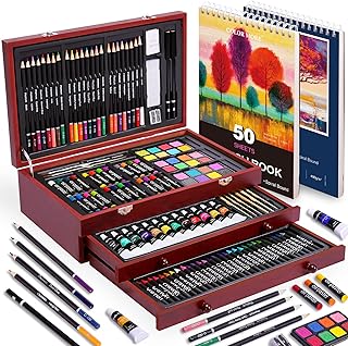 175 Piece Deluxe Art Set with 2 Drawing Pads, Acrylic Paints, Crayons, Colored Pencils Set in Wooden Case, Professional Art Kit, for Adults, Teens and Artist, Paint Supplies