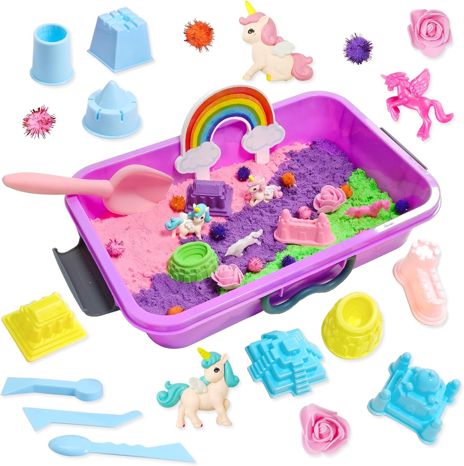 Unicorn Sensory Bin, Unicorn Sensory Toys with Play Sand for Toddlers Boys and Girls, Kids Toys Gift Sand Box for Age 3 4 5 6 7 8