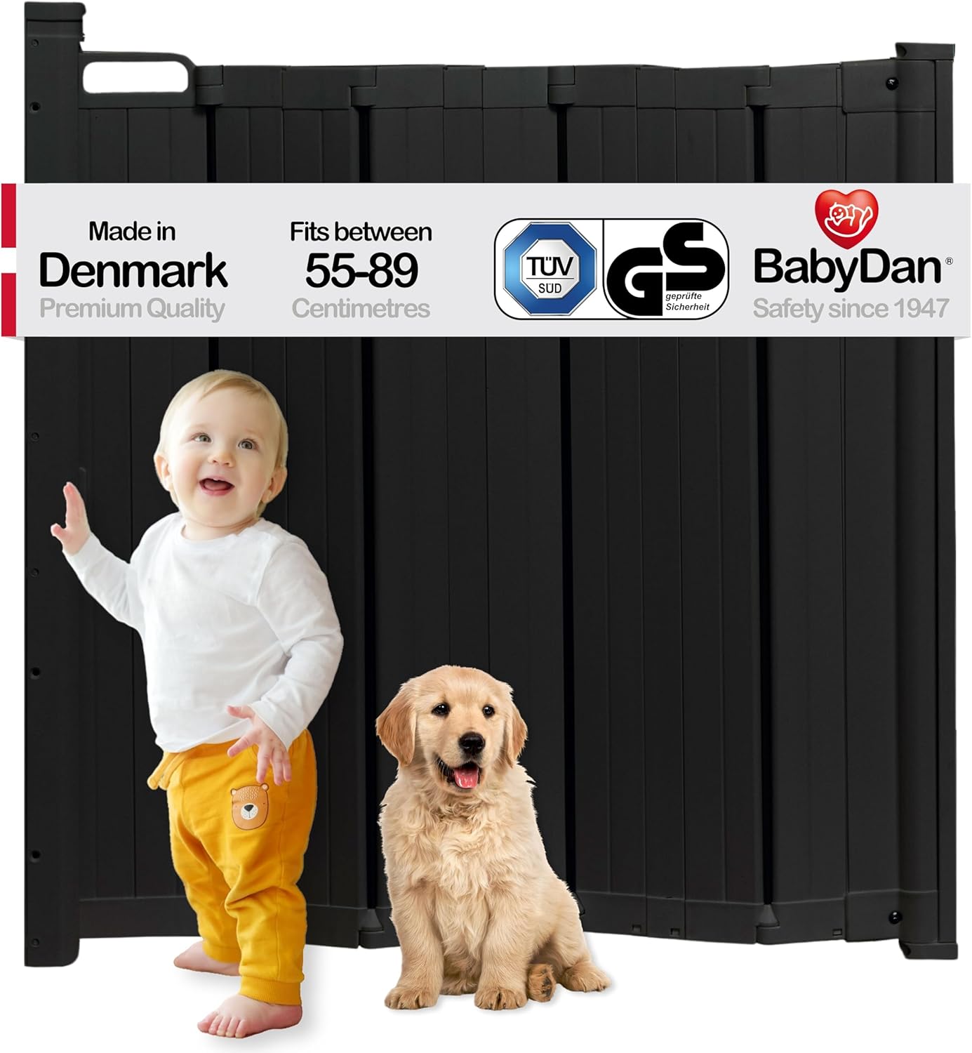 BabyDan Guard Me, Auto Retractable Stair Gate, Fits openings between 55-89 cm, Black, Made in Denmark - Baby Gate/Safety Gate (Pet Gate/Dog gate)