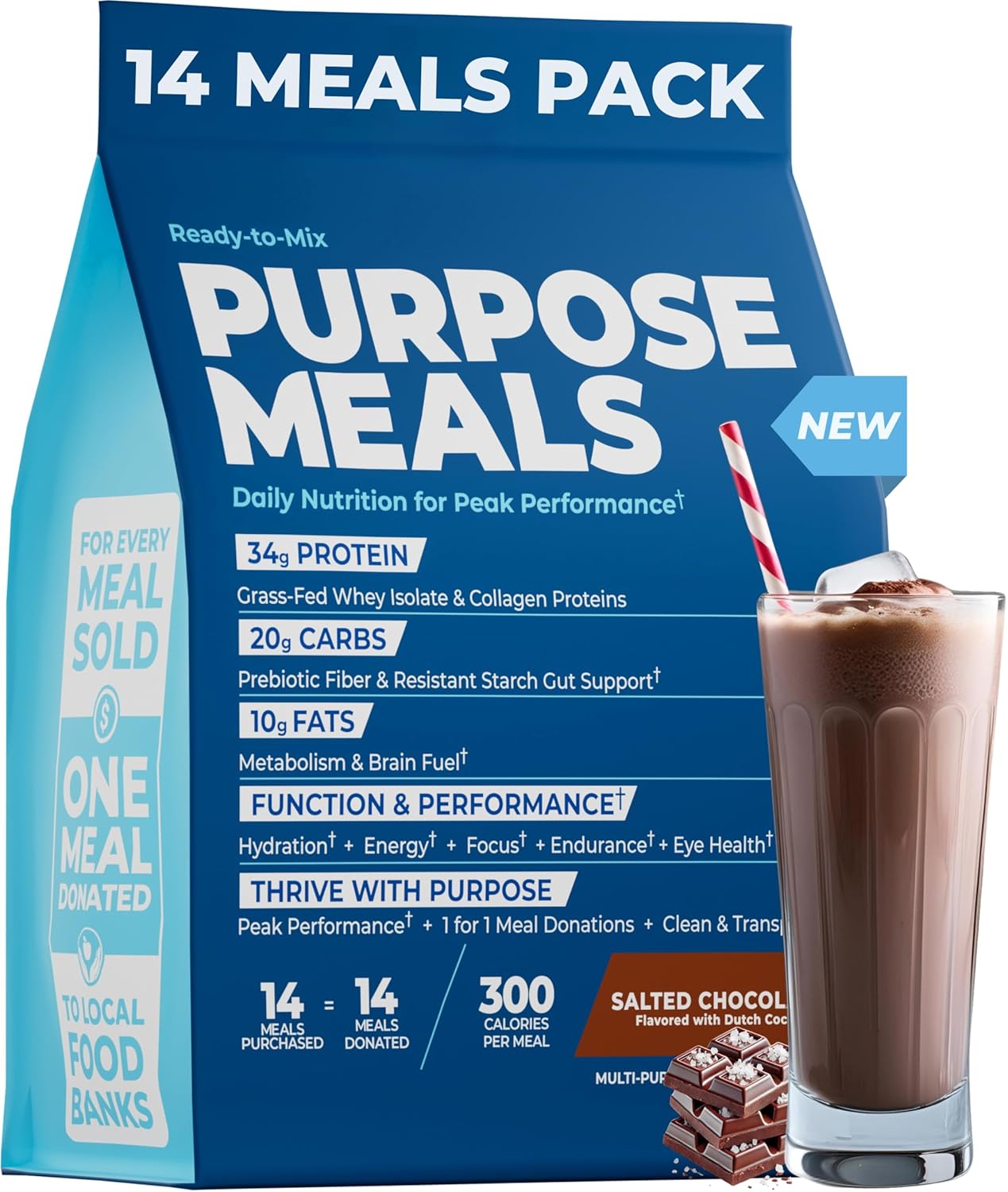 Meal Replacement Shake, Grass Fed Whey Protein Isolate & Collagen Peptides, Creatine Monohydrate, Electrolytes Powder, Prebiotics, Organic Mushrooms, Nootropic Energy Drink (14 Meals Salted Chocolate)