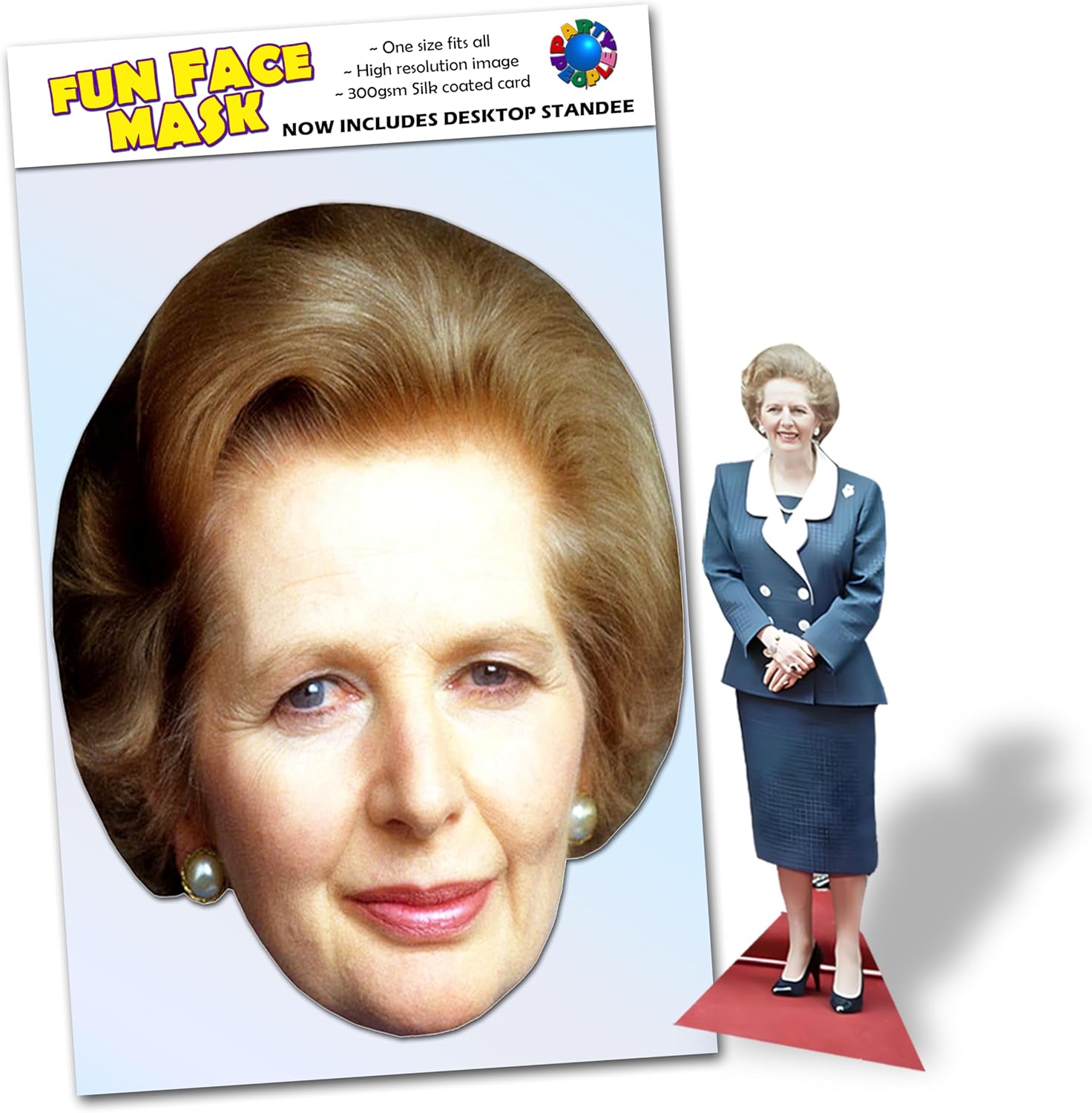Party People 1 x Margaret Thatcher - Ready To Wear Celebrity Face Mask Includes Freestanding 20cm Desktop Standee Card Cutout - Standee Margaret T