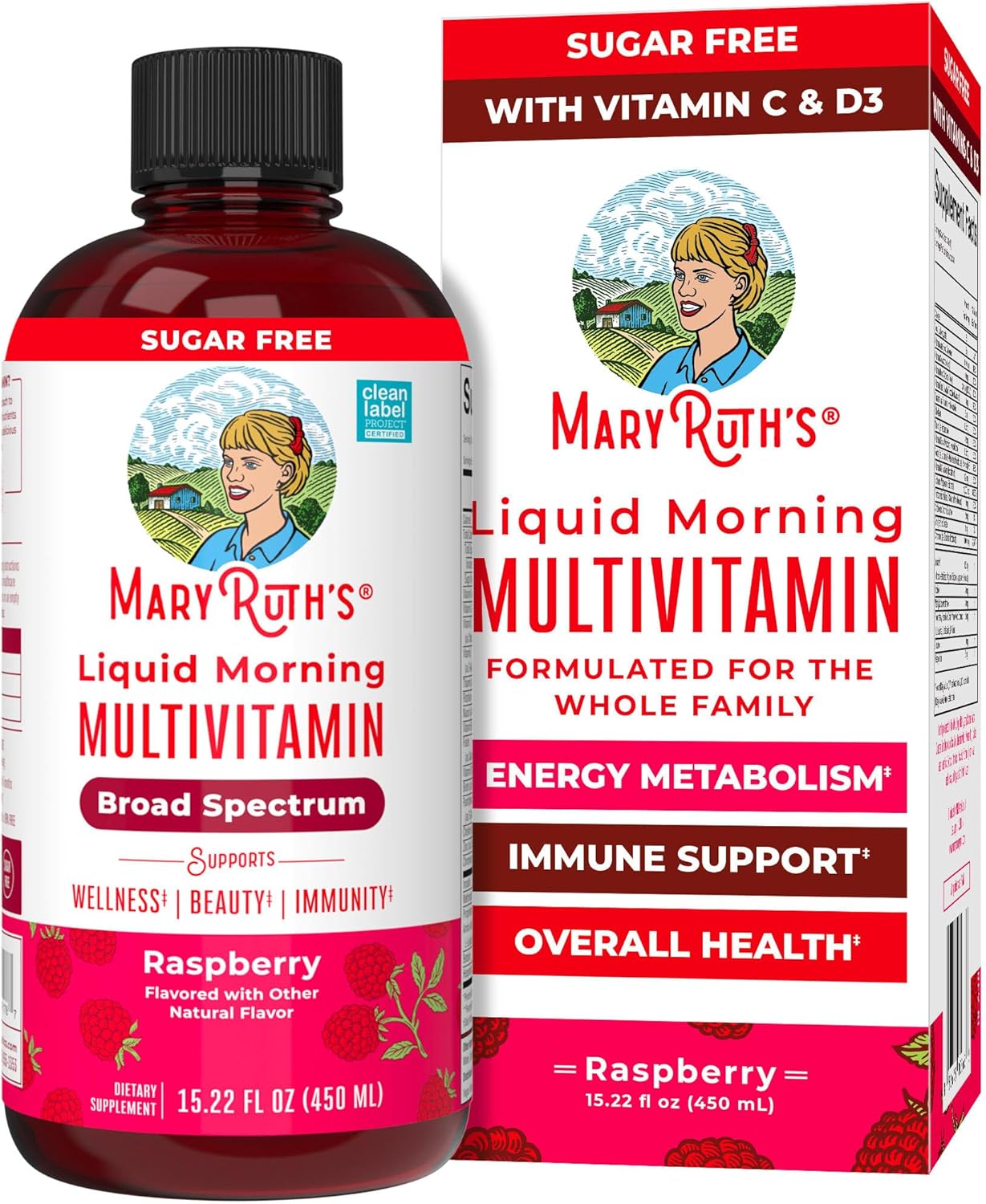 MaryRuth Organics, Liquid Morning Multivitamin Essentials+, Essential Vitamins & Minerals, Sugar Free, Raspberry Flavour, 450ml, Vegan, Gluten Free