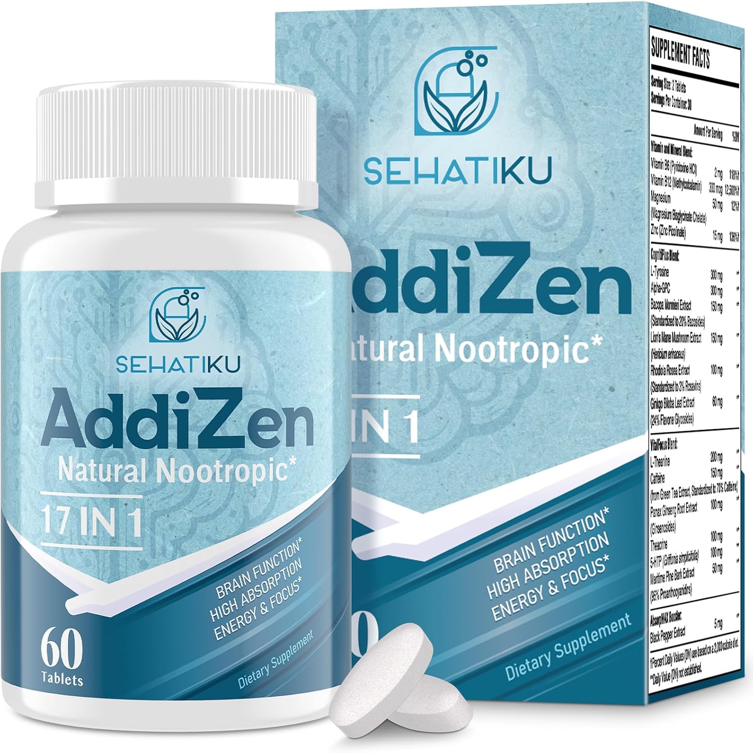 17-in-1 Brain Supplement for Memory and Focus | Natural Nootropics Brain Supplement for Brain Cognition, Energy | High Absorption | L-Theanine, Phytonutrient Blend and Vitamins B6, B12 | 60 Tablets