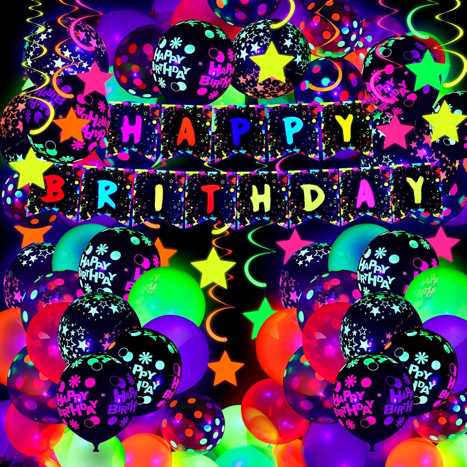 Jetec 71 Pcs Neon Birthday Party Supplies Decorations Include Clear Glow in the Dark Balloons, UV Neon Balloons, Neon Star Hanging Swirls, Happy Birthday Banner for Glow Birthday Party UV Neon Party